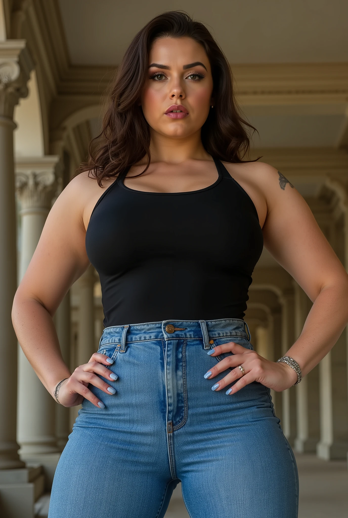 powerful curvy woman photographed from front and below, imposing direct portrait, strong European female with athletic thick legs and defined wide hips, both hands positioned assertively on hips in natural confident stance, form-fitting denim jeans highlighting strong thighs, black tank top revealing toned arms and shoulders, rockabilly-inspired dark brown wavy hair in high ponytail, piercing eyes with intimidating direct glare and stern facial expression, small decorative arm tattoos, dramatic low-angle photography creating towering dominance effect, pristine full daylight with perfect three-point lighting highlighting facial features and physique contours, architectural ceiling visible above, photorealistic detail