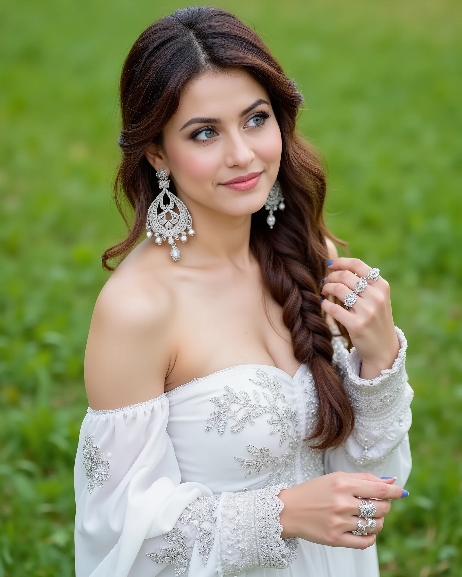 , Full body image of a 20-year-old Indian girl with smiling look, fair skin tone, light grey eyes, fox eyelashes, thin eyebrows, black eye liner, silver eyeshadow, natural blush, and red lipstick. Her hairs are brown, wavy and has an intricate braids on one side. She is wearing a white, off-shoulder gown adorned with silver embellishments and long sleeves with textured cuffs. Accessories include large, ornate silver drop earrings, multiple rings on both hands, and a delicate hand chain connecting a ring to a bracelet. She is looking to the side while standing amongst the green grass.