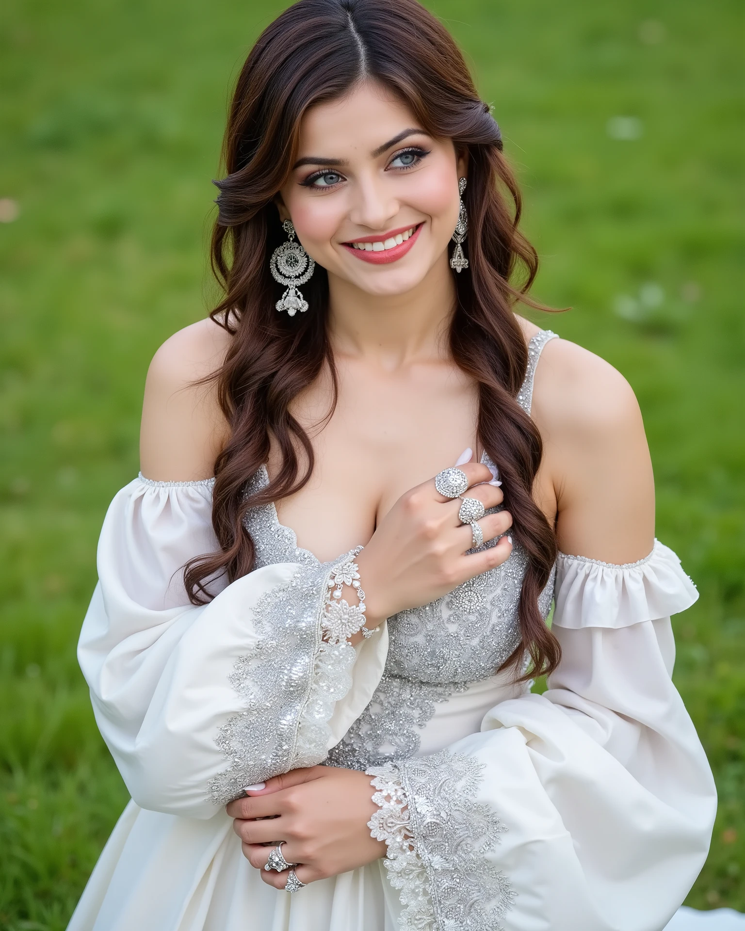, Full body image of a 20-year-old Indian girl with smiling look, fair skin tone, light grey eyes, fox eyelashes, thin eyebrows, black eye liner, silver eyeshadow, natural blush, and red lipstick. Her hairs are brown, wavy and has an intricate braids on one side. She is wearing a white, off-shoulder gown adorned with silver embellishments and long sleeves with textured cuffs. Accessories include large, ornate silver drop earrings, multiple rings on both hands, and a delicate hand chain connecting a ring to a bracelet. She is looking to the side while standing amongst the green grass.