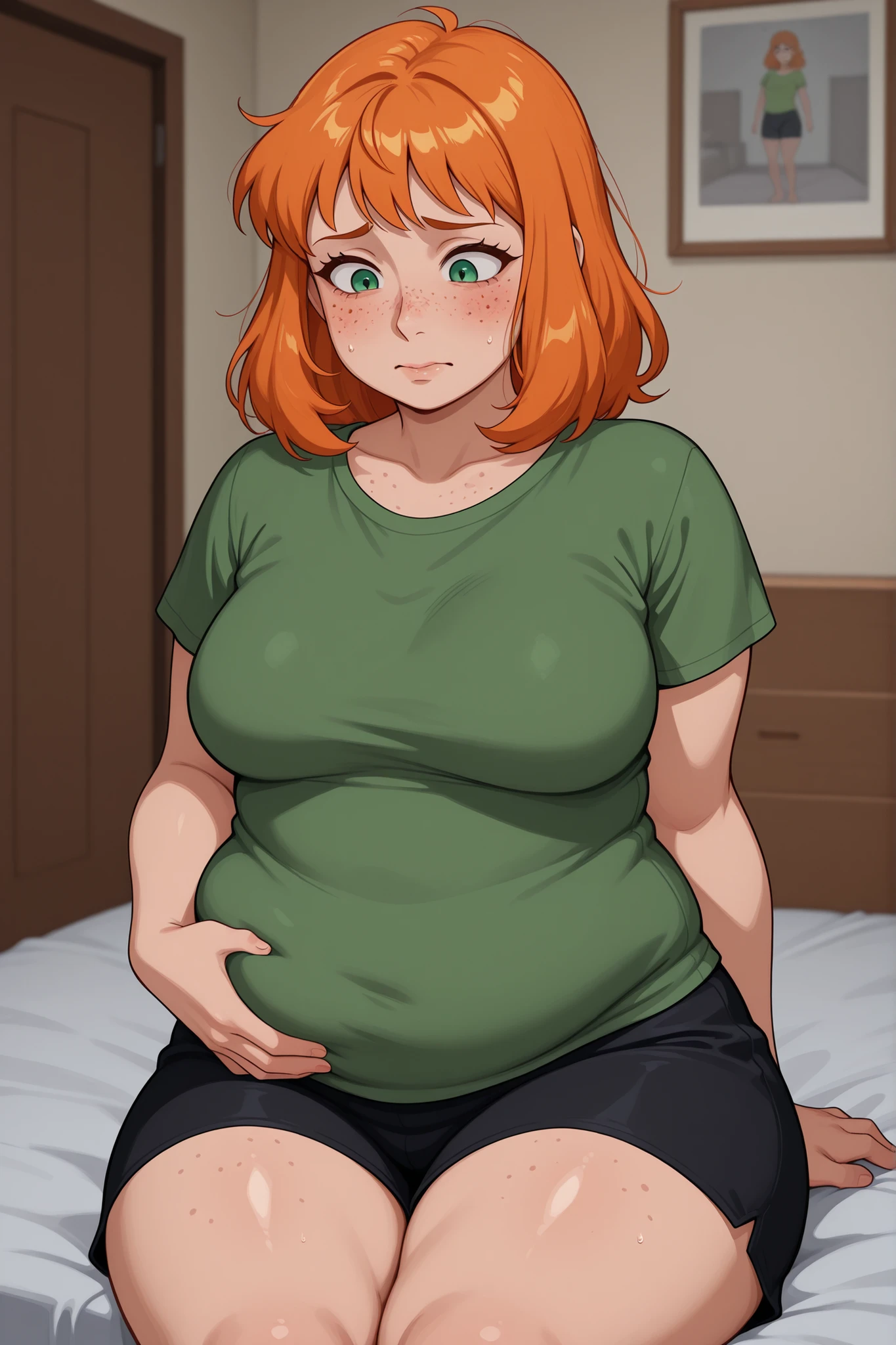 1 woman ginger medium hair freckles green t shirt black pyjamas short sitting on bed bedroom apartment, hand on her belly, shy, ashamed, self conscious, insecure, overweight, chubby, fat thighs, fat,
