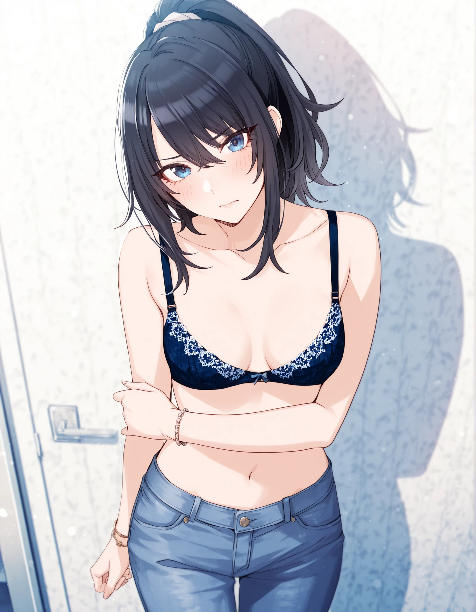 tomari-veryberry00-style, 1girl, black hair, blue eyes, tsurime, ponytail, bra ,navel, denim pants, long pants, bracelet, ,  cowboy shot, thighs, indoor, light embarrassed, looking at viewer, (aged up:1.5), small , head tilt, hold own arm,
<lora:XL-Tomari-veryberry00-ILXL:1>, (masterpiece),(best quality),(ultra-detailed),(best illustration),(best shadow),(absurdres),(detailed background),(very aesthetic), from above,