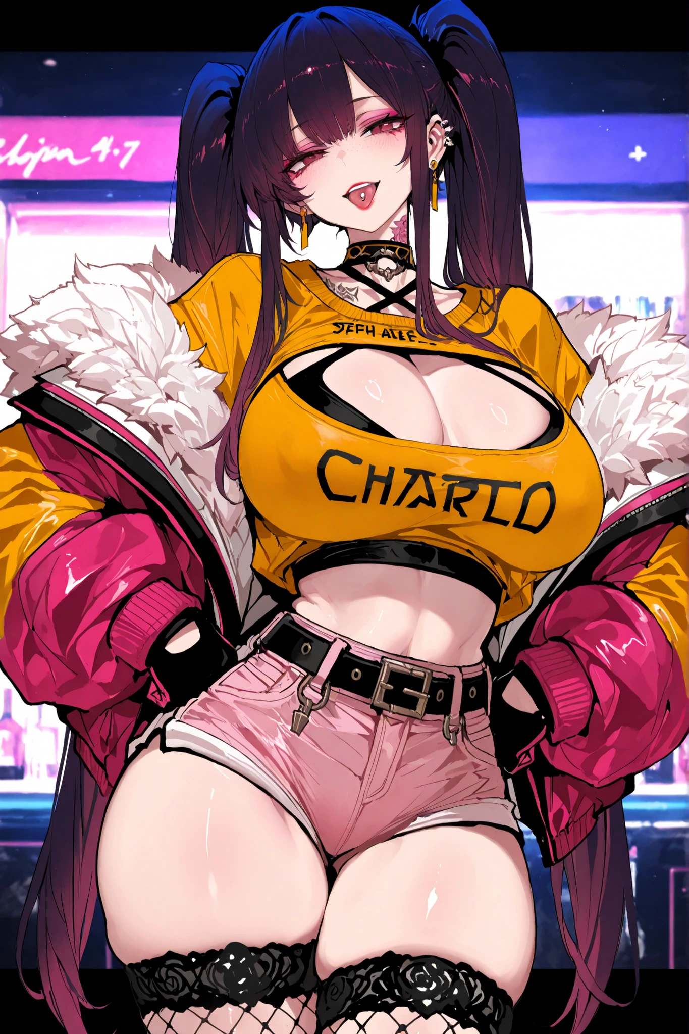 High-resolution, ultra-fine, highly detailed depiction of a tall, curvy young woman with a slim waist, wide hips, thick thighs, and very large bust. She has light skin and long dark-purple hair styled in twin ponytails with bangs, with colored inner strands that shift toward pink and purple tones. Her expression is smug yet composed, with maroon eyes, pink eyeshadow, and red lips. She has multiple ear piercings, a tongue piercing, earrings, and a subtle neck tattoo. Freckles are faintly visible. Some strands of hair fall behind her ear.
She wears a light-yellow cropped sweater stretched at the neckline due to exaggerated proportions, exposing cleavage and midriff. Over it, she has an open multicolored jacket with long sleeves, hints of black and white tones. Beneath, a black halterneck criss-cross crop top peeks through. She pairs this with high-waisted pink shorts with white accents and a belt, hugging her hips and emphasizing her figure. Fishnet thigh-highs add contrast. She wears two-tone gloves—black and red variants blending stylistically. Overall styling channels bold attitude and high fashion with a confident, voluminous aesthetic, inspired by illustration styles noted from dishwasher1910, Siu, fishine, jipa42760710, and anip41nt.