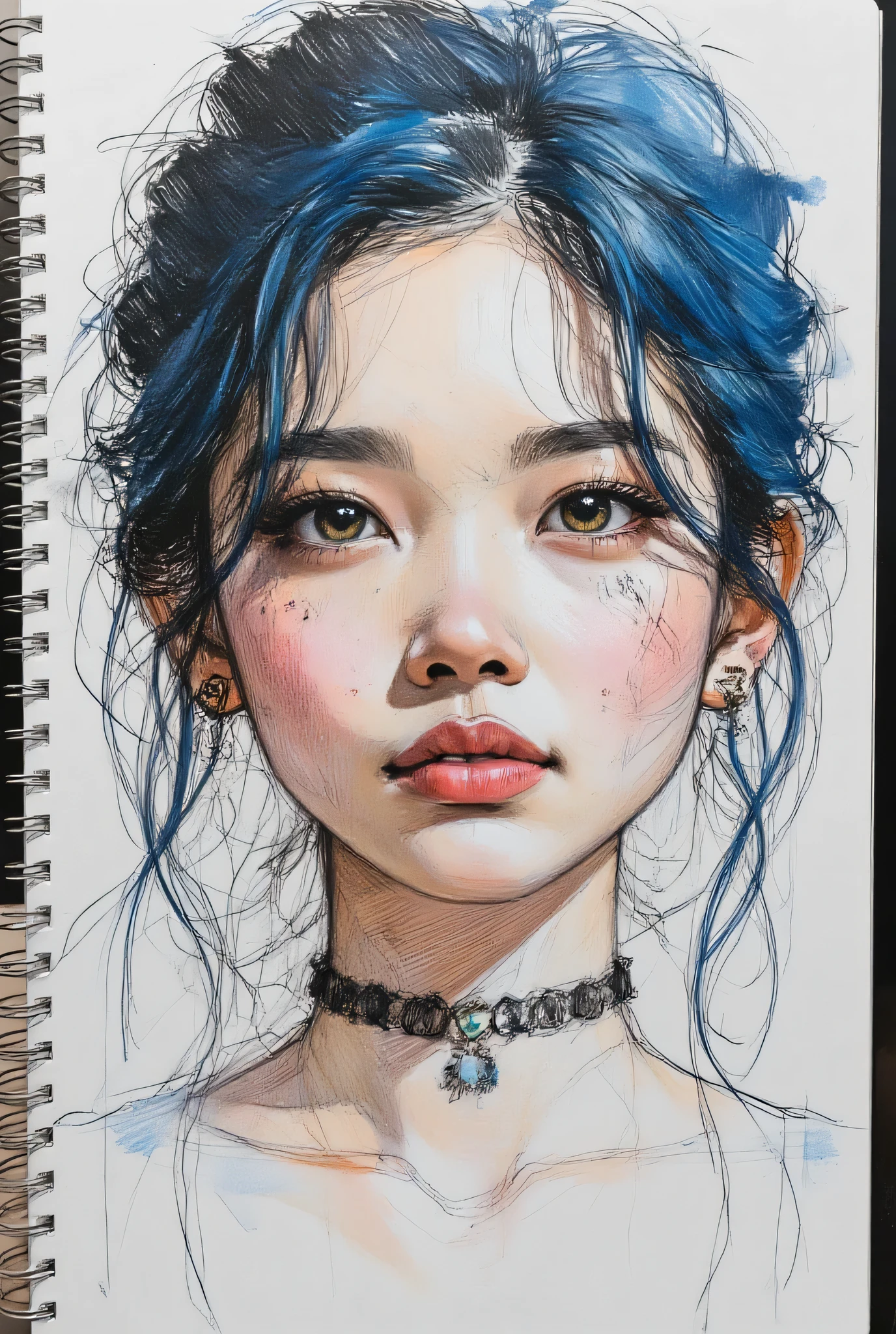 gothic punk、Highest Quality、Rebel、Japanese edits Vivien Tam photos [Woman] 、((Smile Yan))、WITH VERY EYES of navy color with blue hair ,  yellow and purple and blue tattoos 、[yellow and purple and blue] , Expressive Texture, photorealistic techniques,  vibrant and colorful palettes , 32k uhd, fluid and dynamic brushstrokes, realistic ultra-high definition portraits,  Hard Paintings, , Incredibly Beautiful 、urban sketching & travel sketching