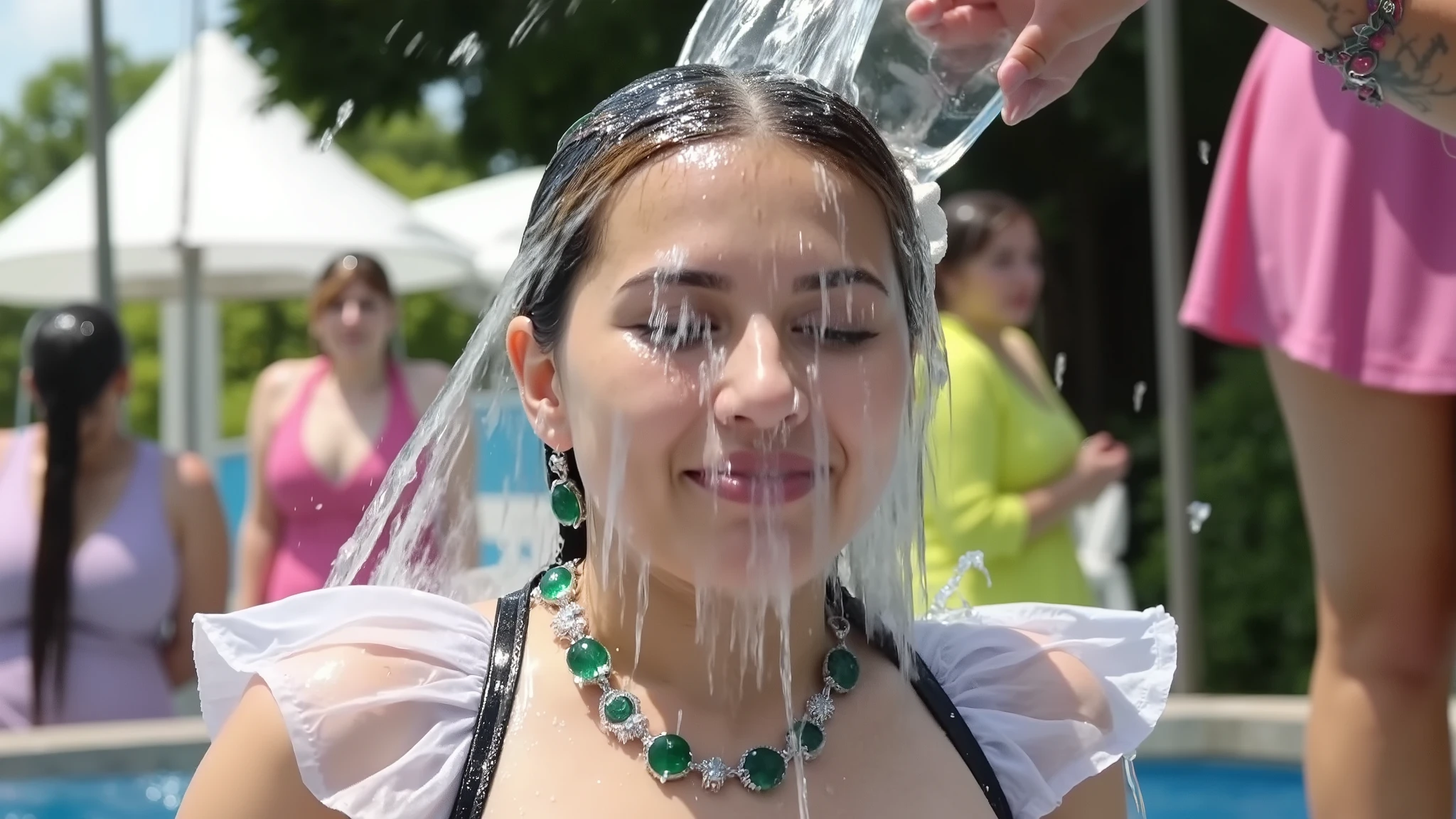 High-definition capture of a blonde beauty queen type, water pouring down over her head and face in slow-motion effect, makeup still immaculate but glistening wet, frilly maid outfit catching natural light, emerald necklace and earrings dripping with water, photorealistic detail, medium close-up framing, dramatic lighting, carnival setting