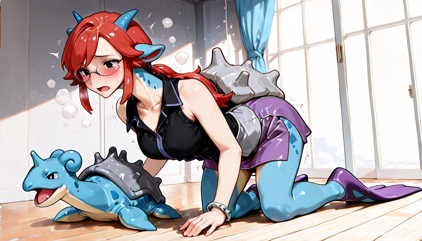  ???, ????????????, horned humanoid, horn, ganyu (genshin impact), female/ambiguous, female, duo, blue hair, ??????????,sports bra, Bowser (super mario bros), Dialogue, sports short,comic, 