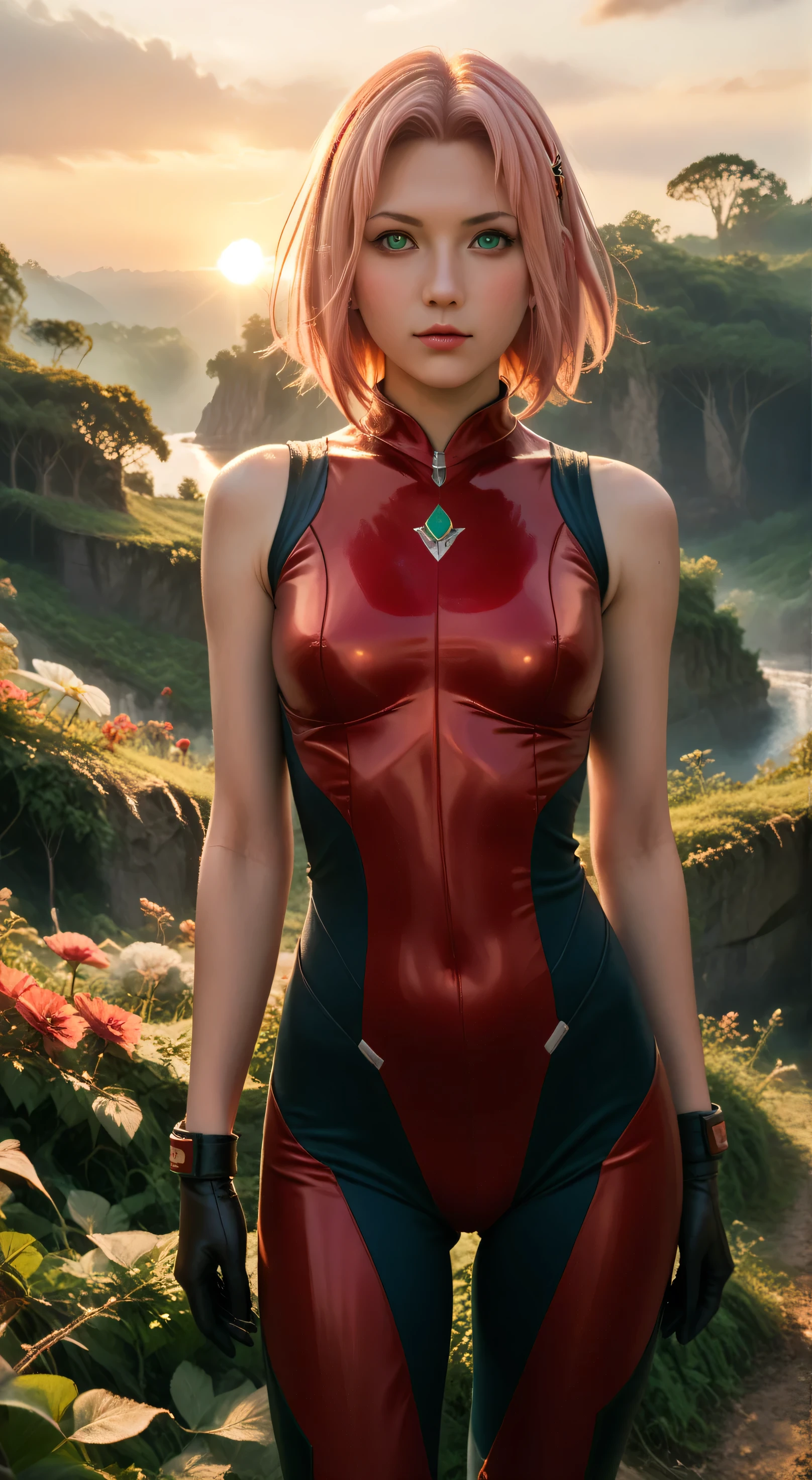 1girl, solo,haruno sakura,emerald eyes,pink hair,short hair,outdoors,potrait,small breast,nature, standing on battlefield,sidelocks,(sunset lighting:1.5),red sunset,looking at viewer, front view,close up,black glove,(fantasy background:1.5),(bodysuit:1.5),sleeveless,close up