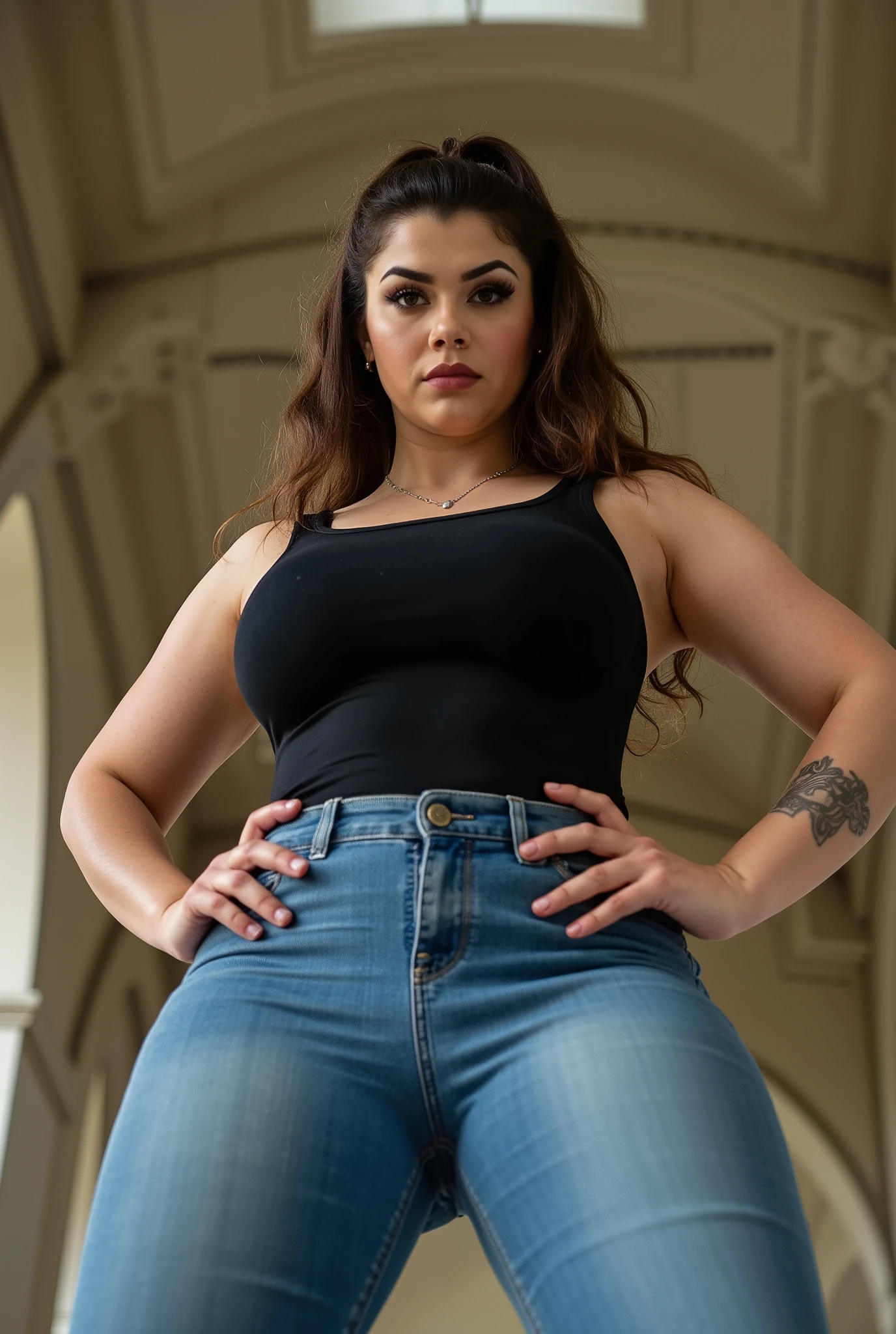 powerful curvy woman photographed from front and below, imposing direct portrait, strong European female with athletic thick legs and defined wide hips, both hands positioned assertively on hips in natural confident stance, form-fitting denim jeans highlighting strong thighs, black tank top revealing toned arms and shoulders, rockabilly-inspired dark brown wavy hair in high ponytail, piercing eyes with intimidating direct glare and stern facial expression, small decorative arm tattoos, dramatic low-angle photography creating towering dominance effect, pristine full daylight with perfect three-point lighting highlighting facial features and physique contours, architectural ceiling visible above, photorealistic detail