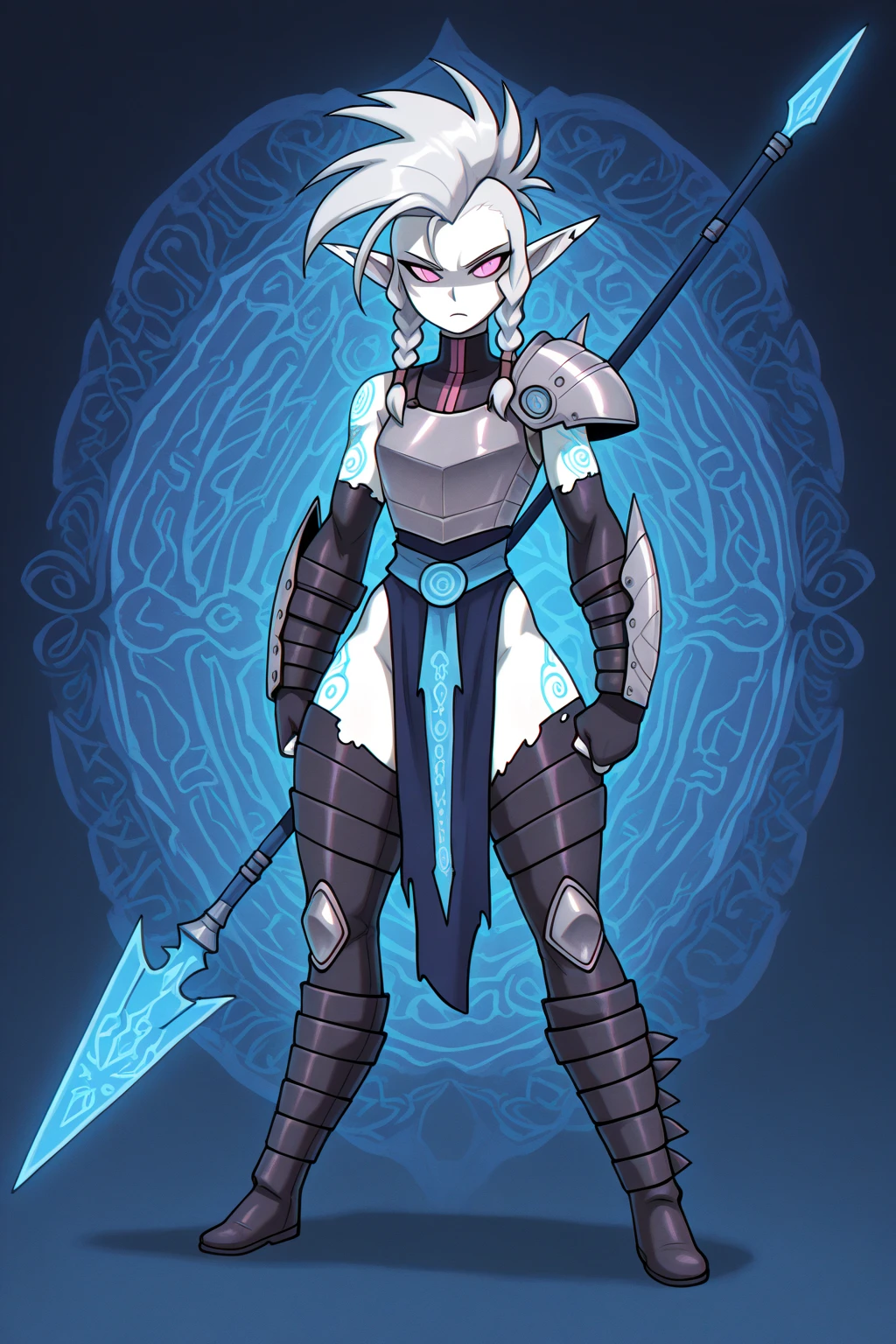 masterpiece, best quality, perfect face, black sclera:, 1girl, solo, undyne the undying, (armor:1.6), black armor, spiked armor, blue body, blue skin, fish, sharp teeth, spear, weapon, polearm






