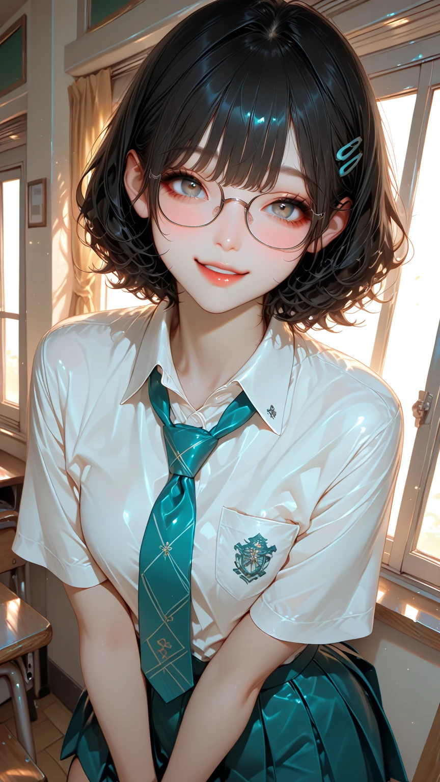 ((high quality)),Tabletop, RAW PHOTO, (Detailed depiction of the site:1.2), Beautiful girls, one girl, soft smile, (sheer shirt:1.3),Enchanted Valley, Mouth closed, Long eyelashes, look away, Portraiture, Upper Body, red hair, Gray Theme, (twin tails:1.4), short bangs, wire frame glasses,