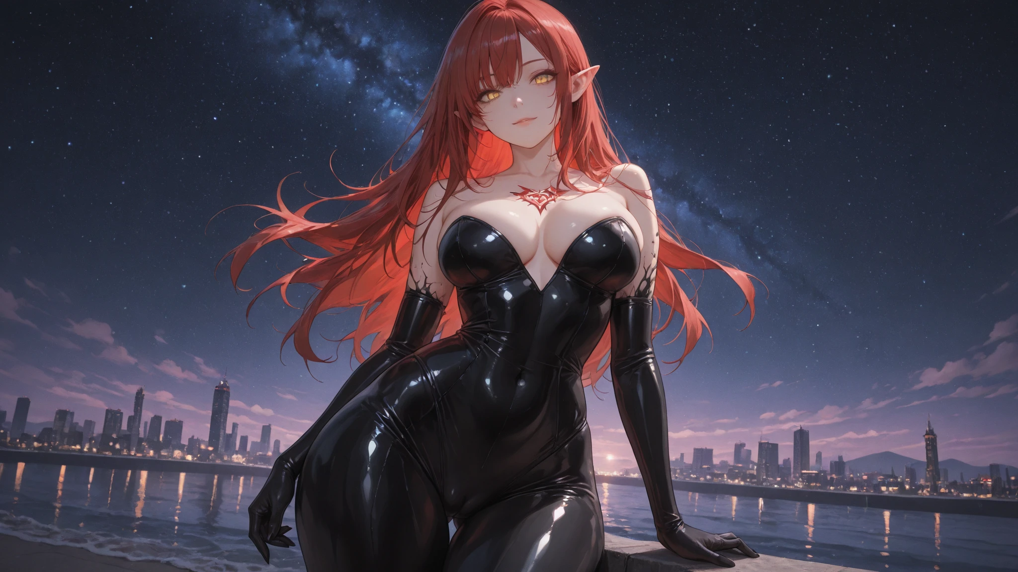 Masterpiece、Highest quality、Movie stills、High resolution、real skin、((beautiful adult woman))、big silver earrings、silver necklace、choker、cowboy shot、tonned body、medium round breasts、delicate body、sharp eyes、Rin々nice face、single eyelid、Fine eyelashes、beautiful eyes、beautiful eyes、highest quality、((redhead、long auburn straight hair))、square bangs、freckles、aquamarine green eyes、brown pupils、((one small jet black horn in the middle of the forehead))、small pointed-tip ears、blushing、reverse bunnysuit、break、(((adult)))、beautiful legs、small hips、heels、crossed legs、1girl、see through、twintails