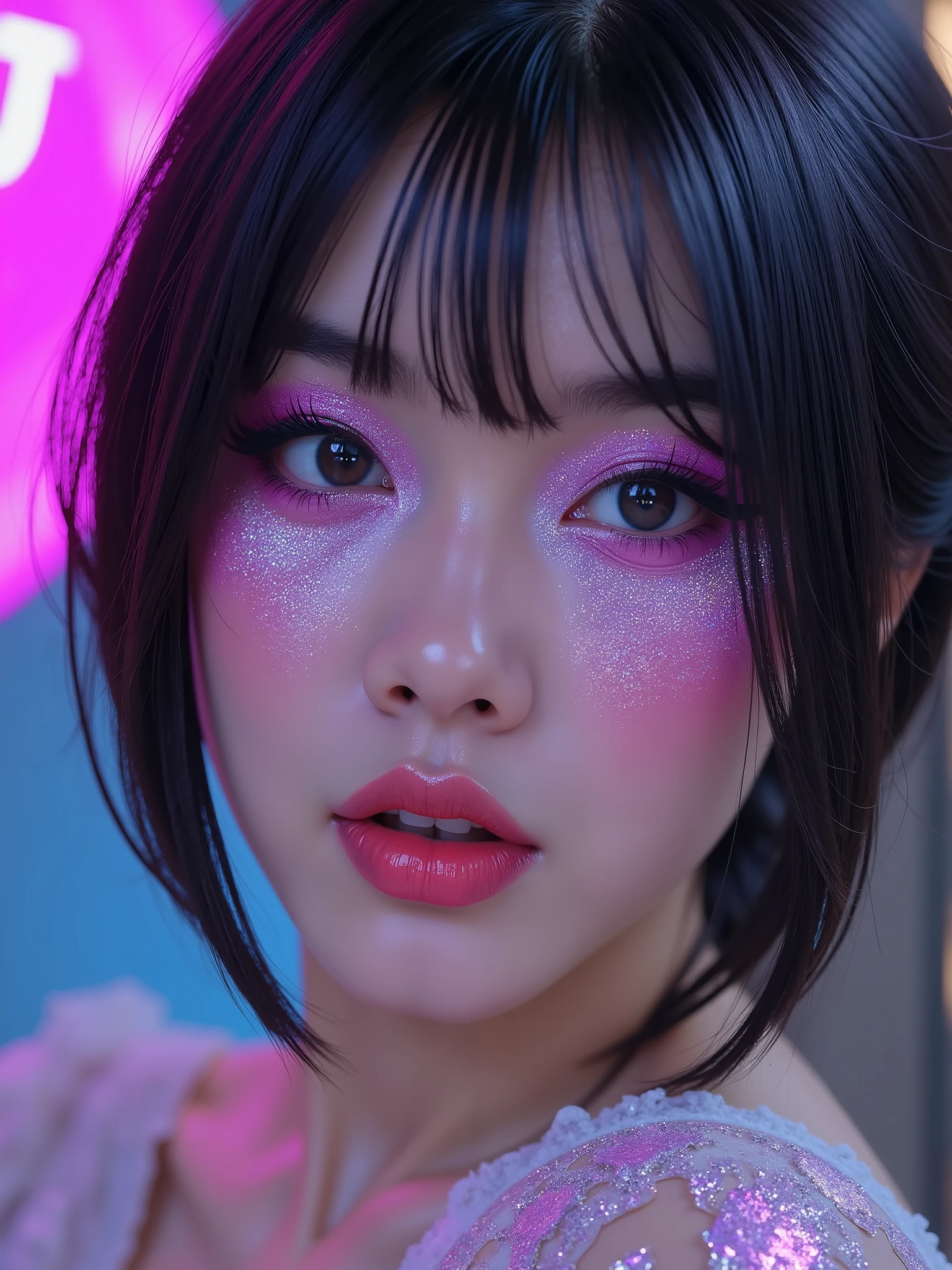 80’s glam rock makeup on shiny android face, look like asian muscle pretty idol, anime, 2.5D, Glittery face, moody lighting, (purples, pinks, and blues), iridescent face, abstract ai model, pretty, sexy, minimal, sleek, slender, asian, elegant, chic, futuristic, retro, sophisticated half human half machine, close up face portrait, mouth open little, ((((ahegao)))),,