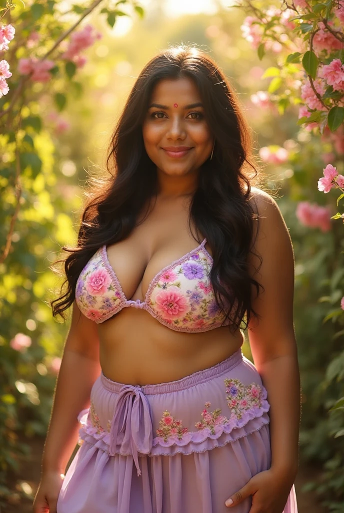 Indian woman athletic body, voluptuous body, (ssmile, white teeth) (skin fair), glowing skin,  big, bountiful , firm , (((lingerie (rot)) with lace details)), STONE NECKLACE, hoop earring, (hair stuck), in the flower fields of India, sultry posing