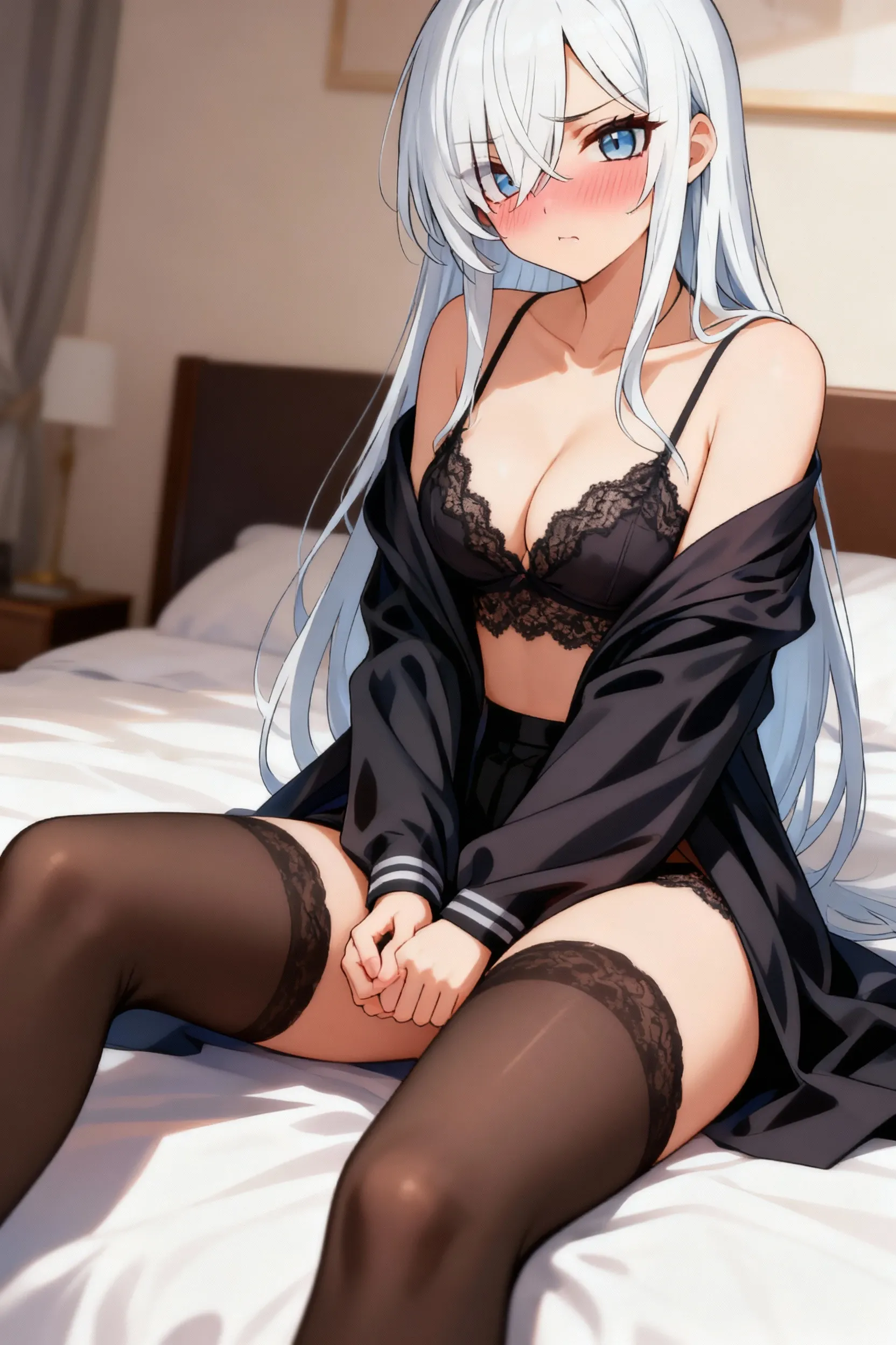 best quality, ultra precision, 1girl, cute, little girl, young, boyish, childish, small ???????, silver hair, cat ears, blue eyes, beautiful eyes, girl, ???????, sailor collar, estrus, metestrus, start to ???????, naughty mood, she loves you, lost virgin, virgin, blush, ????, beautiful skin, big bow on ????? I'm not wearing panties BLUE SWEATER, BLACK SHIRT, SHIRT UNDER SWEATER, OFF SHOULDER TOP) Tsundere ??????????? ?????????