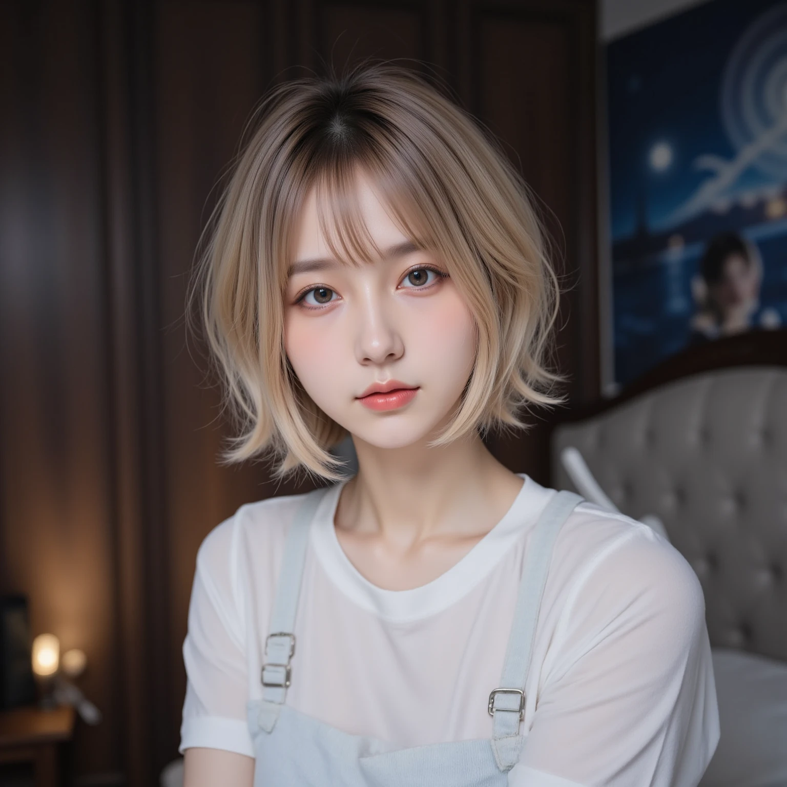 ((Bust-up photo:1.6))、((Like an ID photo:1.4))、((Apply beautiful makeup:1.6))、((Wearing a   when :1.6))、((Strapless :1.4))、((:1.6))、Natural Shading、((Moist eyes:1.3))、(K-Pop Idols)、Calm and goddess-like happiness、Look at the viewer with your whole body、((Slightly parted lips:1.3))、Natural Shading、((((Beautiful bob-cut gray hair))))、((Blonde Japanese Woman)))、(Short bob blonde:1.5)、masterpiece, Highest quality, 8k, Absurd, (Upper body:1.4), Beautiful girls, Beautiful face, Looking at the audience, Laughter, Surreal, High resolution, picture, Film Grain, chromatic aberration, Sharp focus, High resolution, フェイスLight, Dynamic Lighting, Light, Professional Shadow, Simple Background, (Dull grey background:1.4), Highest detail, Very detailed, Ultra-detailed, In detail, Real Skin, Delicate  features, Detailed face and eyes, Sharp pupils、live action idol