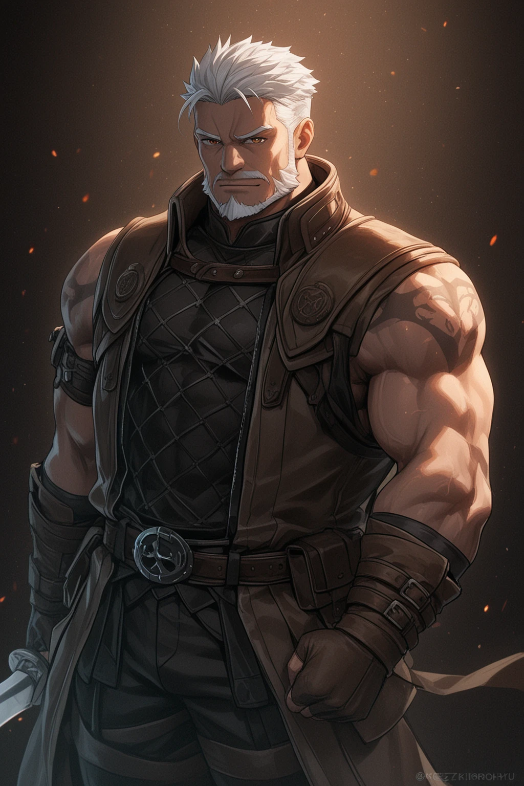 burly virile hairy werelion, in a suit of armor, a himbo muscle daddy, middle-aged , hirsute, overmuscular and musclebound, bulging veiny muscles, a warrior's build, a bodybuilder's physique, long bushy and a thick mustache, a square jaw, handsome and dreamy, grey hair, a knight clad in full armor
