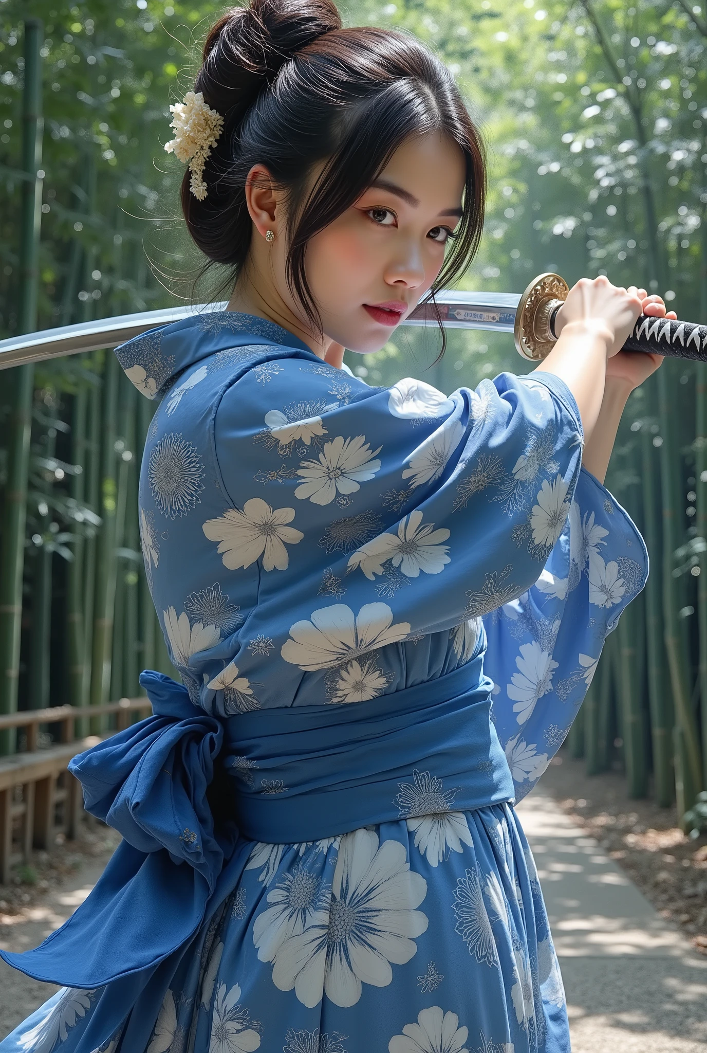 Obra-prima, perfeita, A beautiful sexy woman with black hair and fair skin, using Japanese kimono with blue and white flower print, in combat position wielding a katana, perfect asymmetric body, detailed and authentic samurai sword katana, bamboo scenery, composition that emphasizes combat movements, Dramatic lighting, cutting posture with curved body, hair and clothes swaying softly, sword path expressed with transparent ripples, partially illuminated face, vivid contrast between dark hair and background, fabric with visible texture and detailed folds, mysterious atmosphere, play of light and shadow, intense and passionate composition, resolution 8k, detailed realistic painting , fluid acrylic painting, high image quality.