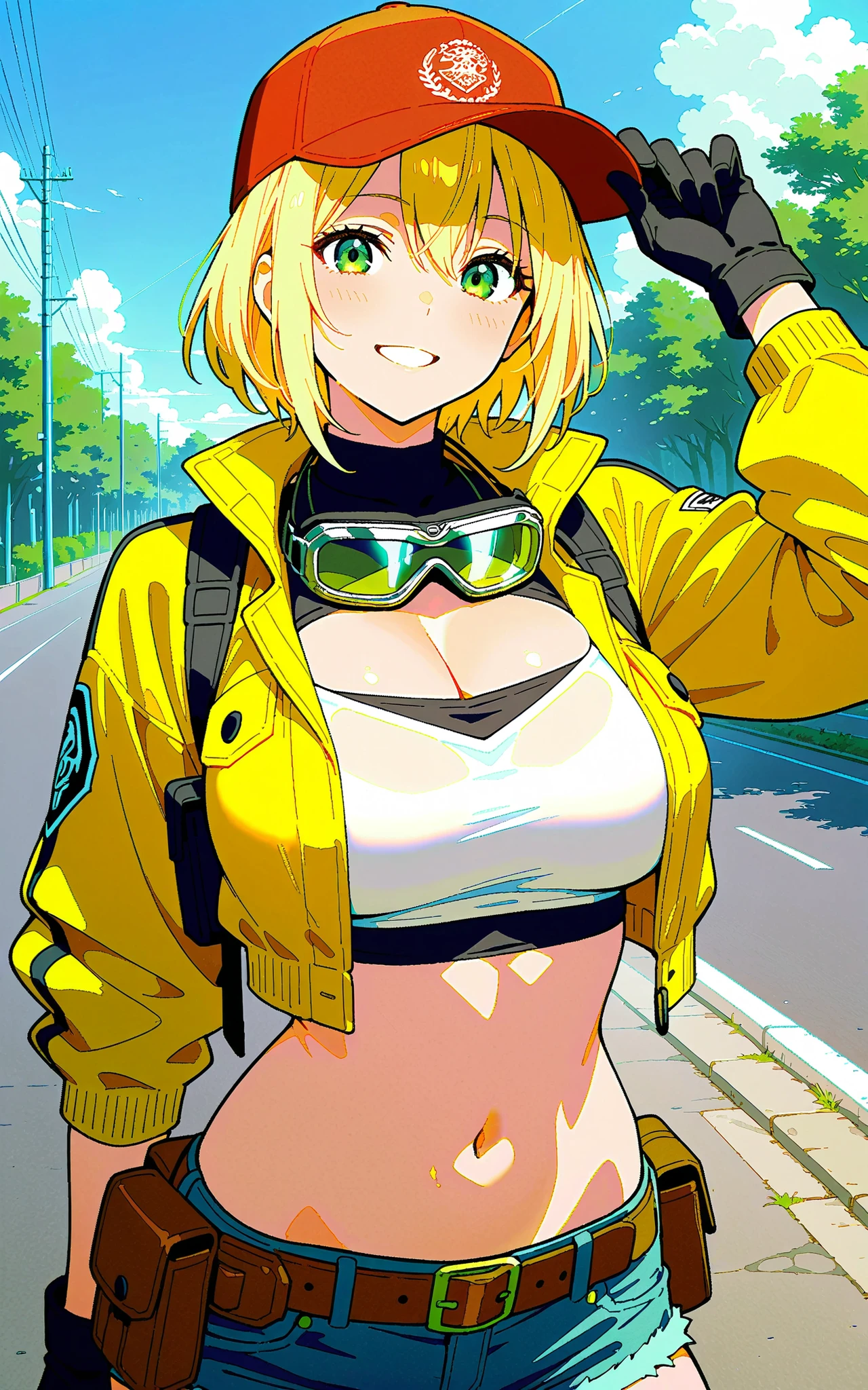 masterpiece, best quality, 1girl, solo,  ffcnd, blonde hair, short hair, green eyes, large breasts, red baseball cap, goggles around neck, yellow jacket, cropped jacket, black gloves, brown belt, belt pouch, denim shorts, short shorts, looking at viewer, smile, upper body, road, blue sky, happy, adjusting headwear