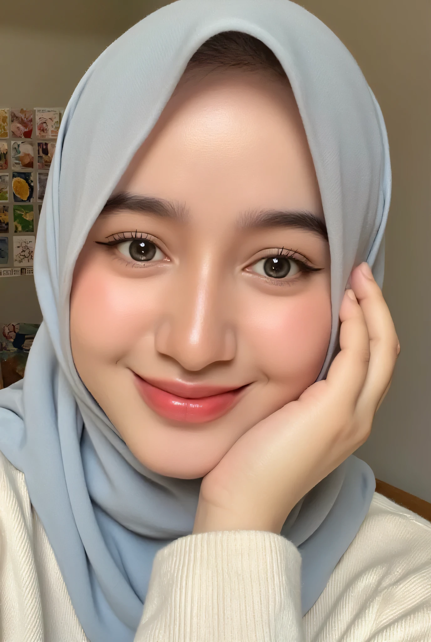 A close-up photo of NadiaAulia with soft pale blue hijab. She is looking at the viewer with bright and loving eyes, genuie grin with her teeth. She is leaning forwardal. Wear gamis, very detailed. She is wearing a perfect white soft sweater in beige room with some decorations. Hasselblad H6D-400c MS, low exposure, high contrast, ISO 100, with a 120mm macro lens.