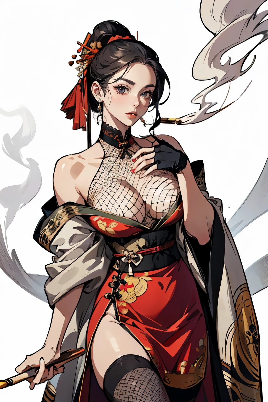 (((game illustration))), (((top quality))) ,(solo), (1girl), (((white background))), ((( visible chest bone ))), (((Big breasts))), side slit skirt, Three Kingdoms of China costume, revealing costume, hair ornaments, white skin, ((black eyes)),(((fishnet stockings))), long pipe cigarette, Woman holding a pipe cigarette, (((smoking pipe)))