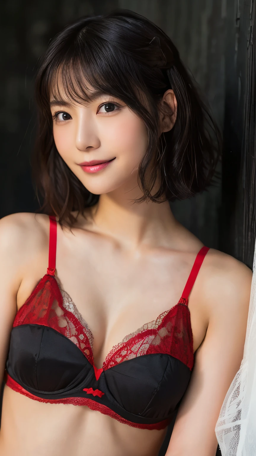   very detailed,  masterpiece ,  Highest Quality, (( realistic)) 、((30 year old Japanese woman)) 、beautiful detailed eyes 、(( Natural makeup))、((beautiful symmetrical face)), ( skinny body:1.6)、((bright brown hair、Big Wave Short Hair)), A sophisticated face 、((from waist to head with camera))、((red black lace bra))、((simple black wall))、((Smile))、From the side