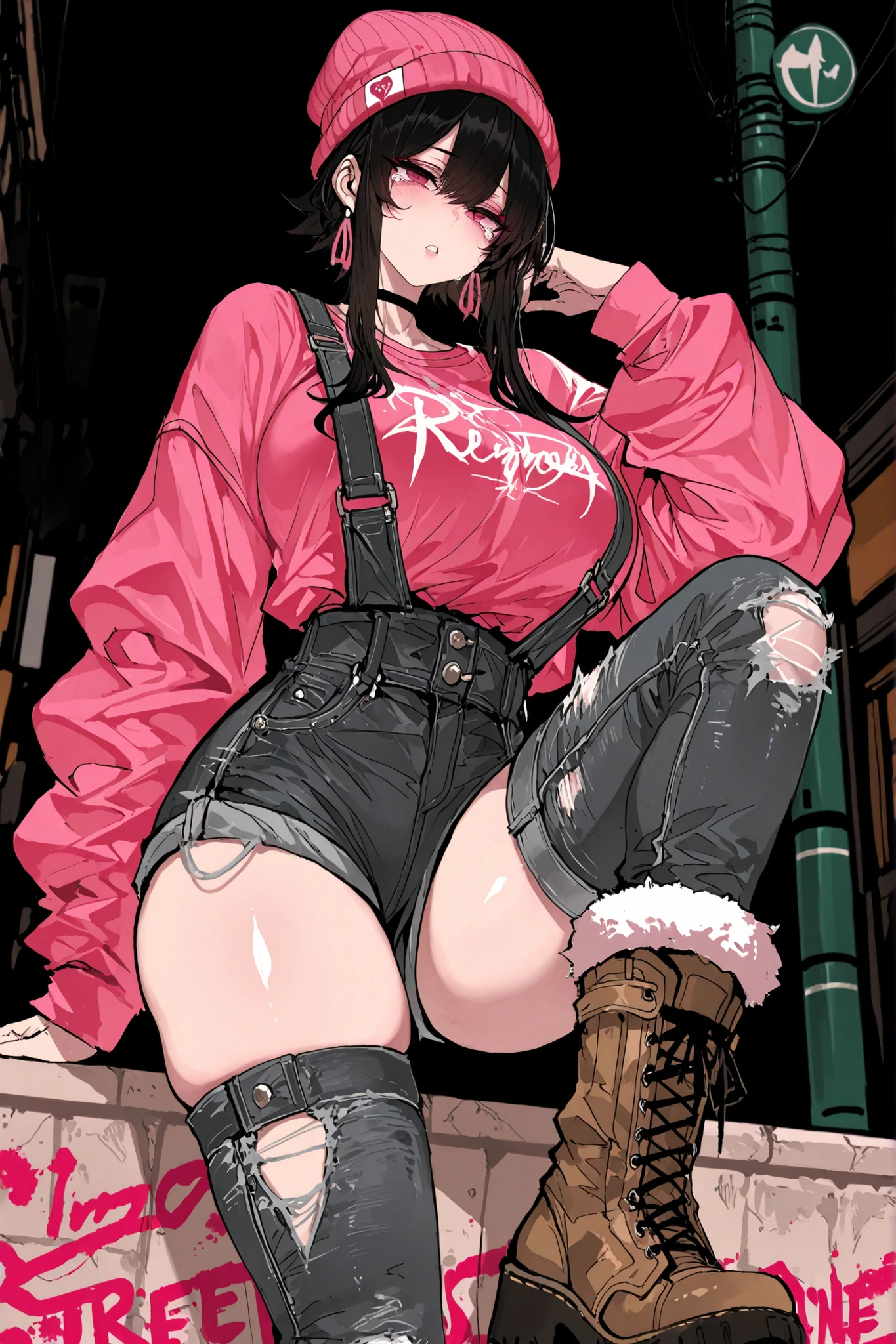 High-resolution, ultra-fine, highly detailed depiction of a stylized character in a bold, urban street art style. The figure has a confident, relaxed stance with one hand gesturing outward. They wear a bright pink/magenta beanie that obscures most of the face, with only the lower portion visible showing light skin tone. Long black hair, The outfit consists of a vibrant pink/magenta long sleeve shirt, paired with dark gray distressed jeans featuring multiple rips and tears at the thighs and knees. Fur boots with white fur and brown boot. The art style features thick black outlines, bold color blocking, and minimal shading typical of modern graffiti-inspired or street wear illustration. Overall styling channels hip-hop and streetwear culture with an energetic, white backround inspired by illustration styles from dishwasher1910, Siu, fishine, jipa42760710, and anip41nt.
(1person, solo, street style, urban fashion, casual pose, stylized proportions)