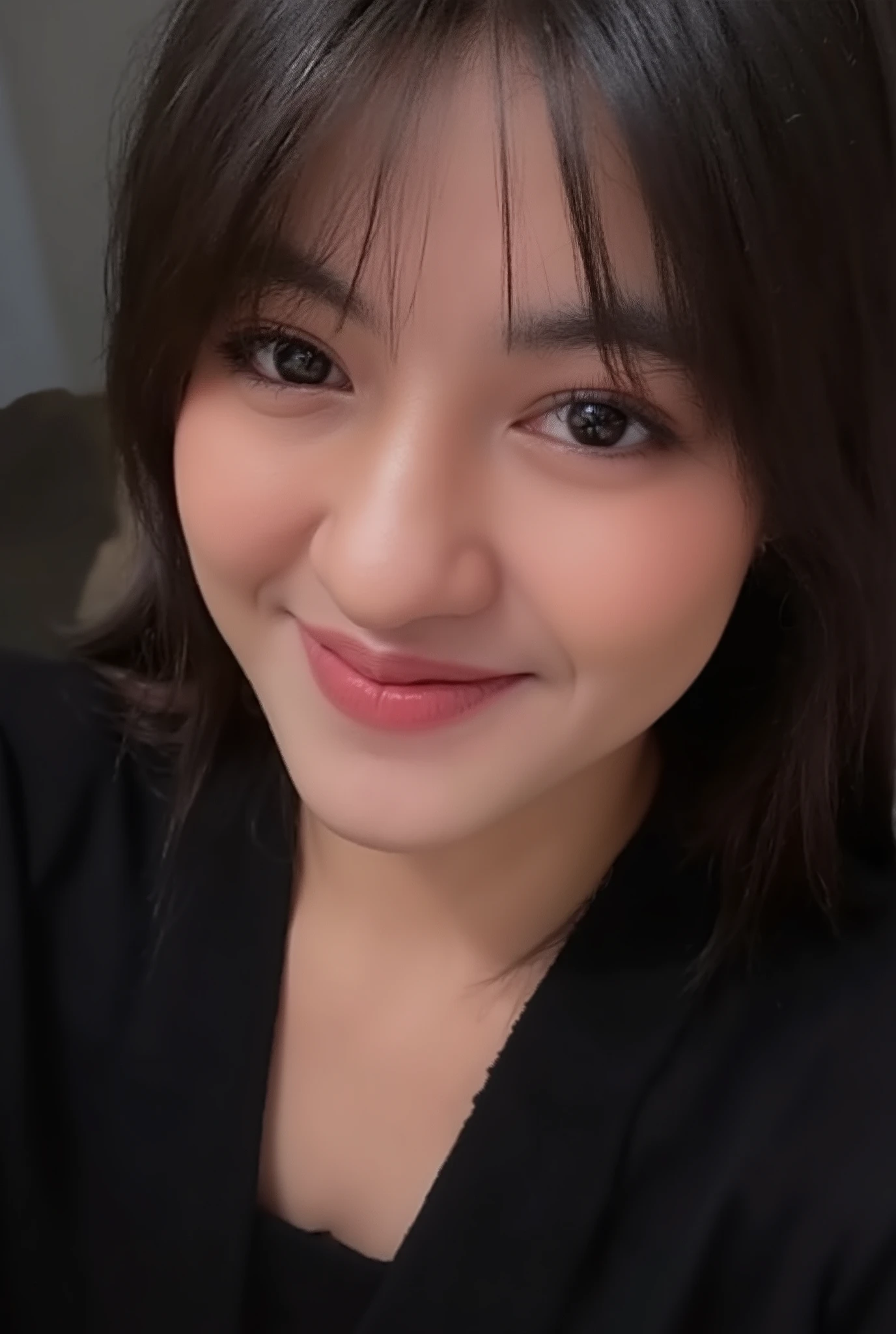 Close up photo of VonnyFelicia's face, very detailed. She is looking at the viewer with bright and loving eyes. She is leaning forwardal. She is wearing a perfect black soft shirt deep v-neck. Hasselblad H6D-400c MS, low exposure, high contrast, ISO 100, with a 120mm macro lens.