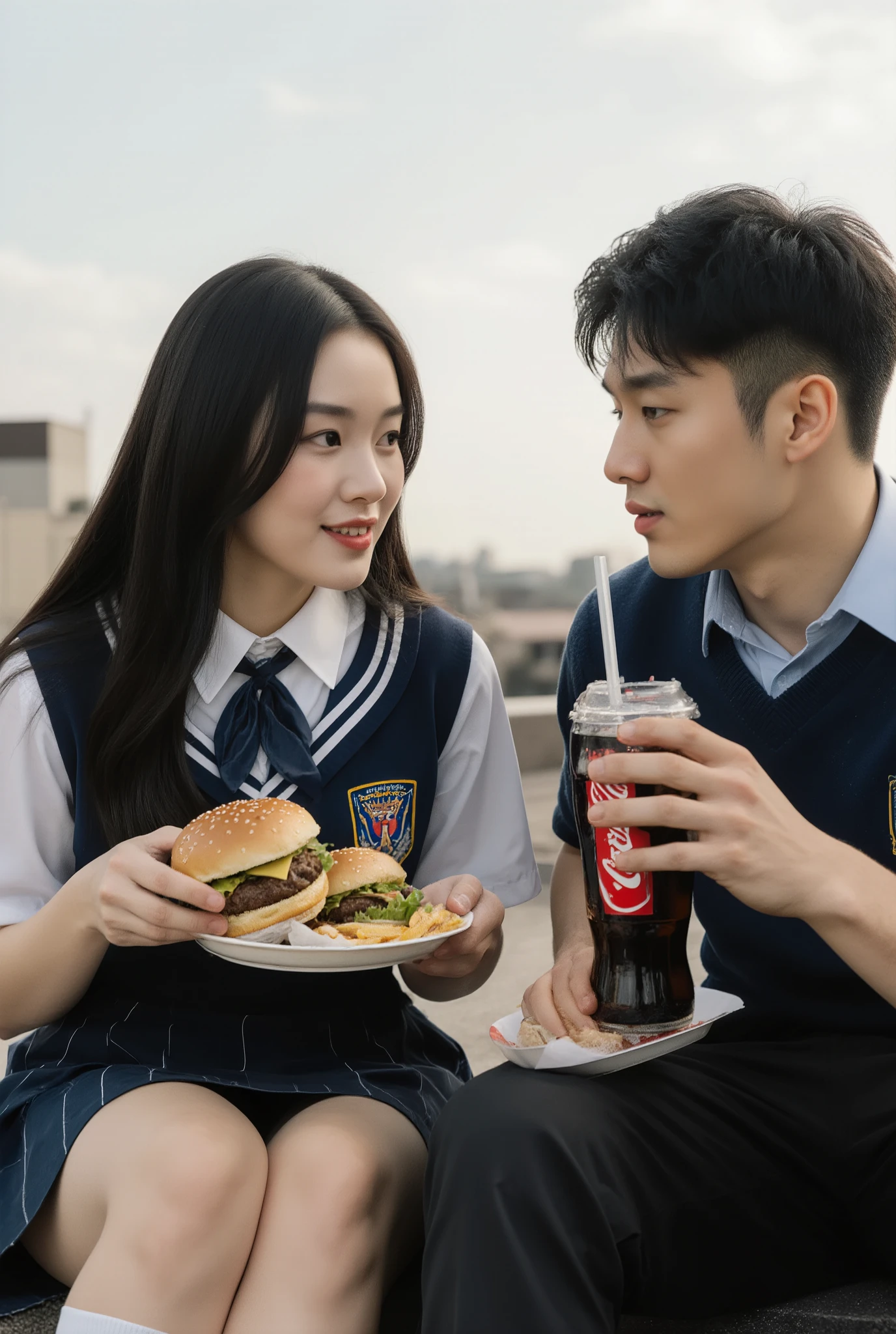 foto documental, foto-realista, dramatic scene, uma linda garota (muito bonita, sexy, cabelo negro longo, pele clara, rosto atraente, perfect asymmetric body, seios grandes, cintura fina, wearing traditional school uniform with short skirt, blusa branca, gravata) e um garoto bonito (atraente, corpo Atlético, cabelo arrumado, wearing school uniform with shirt and pants), both are sitting together on the roof of the school eating hamburgers and drinking soda, natural lighting, ambiente escolar, detalhes minuciosos, depth of field, ultra-realista, qualidade 8k, clareza extrema, cores vivas, perfect skin texture, luz do dia