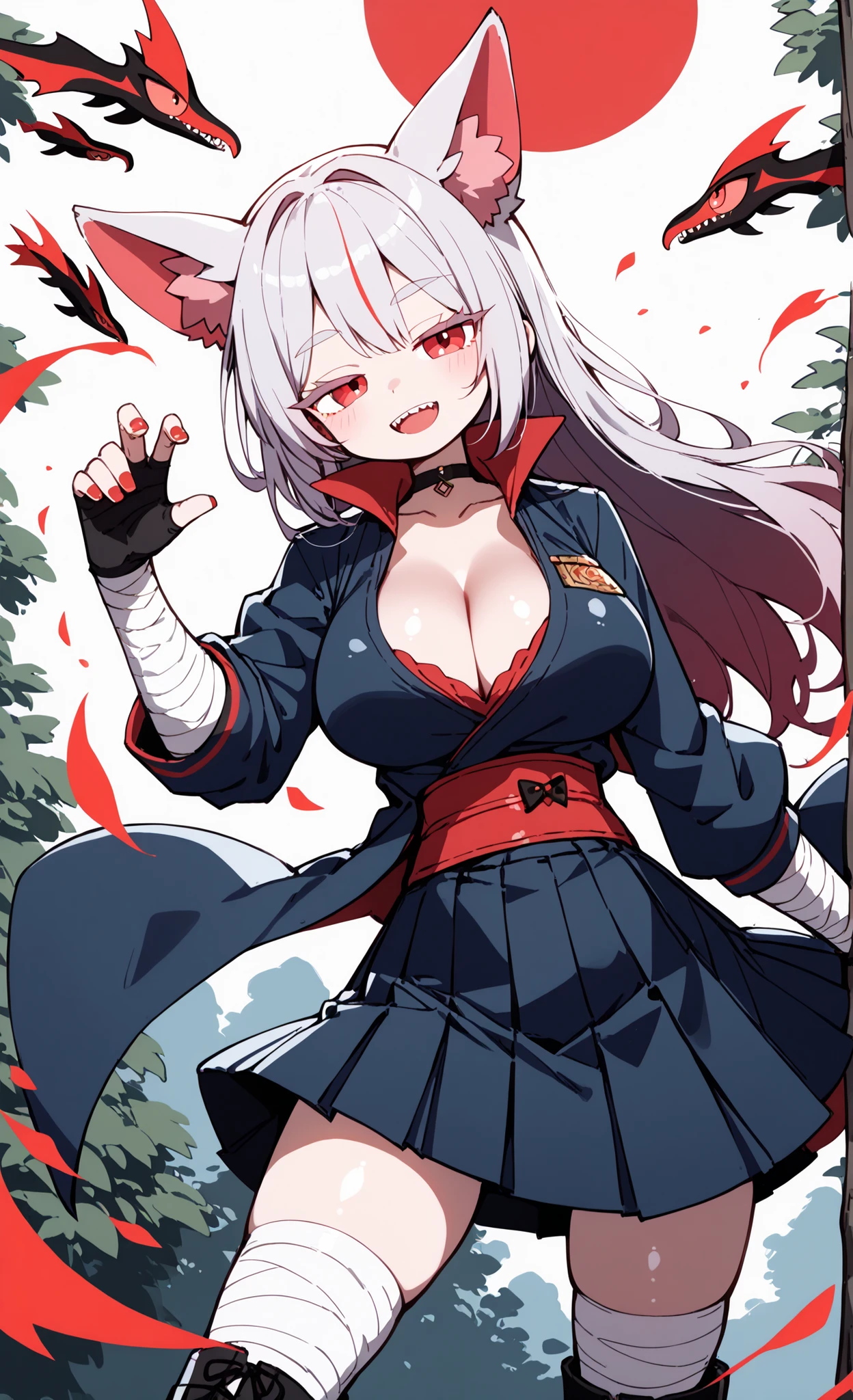 High Quality, masterpiece, 最High Quality, 3/4 viewers, Fox_ear, red_eye, (highly detailed eye:1.3), ( Sharp irises :1.2), (Clear Lashes:1.2), (Eye highlights:1.2), glossy eye, (red sharp eye:1.3), redい口紅,white磁のような肌, (smooth skin on r roads:1.1), (shiny skin:1.3), Fresh Skin, Subtle sheen, smooth skin on r roads texture, long_black_My hair, Brandt _Bang, (((very large breasts,cleavage))),white_sarashi_Top, japanese_maha's rya_Clothes, black_pleated_mini_skirt, Bandaged_arm, black_buttocks under pants, Bandaged_foot, black_Panty Stockings, black_boots_footwear, Fighting Posture with a Horizontal Sword, Monster Forest Vacant Land, Demon Carcasses Disappearing, spirit Fox companions, Blood Moon Above Your Head,psg_style, HDA_ChibiStyleXL