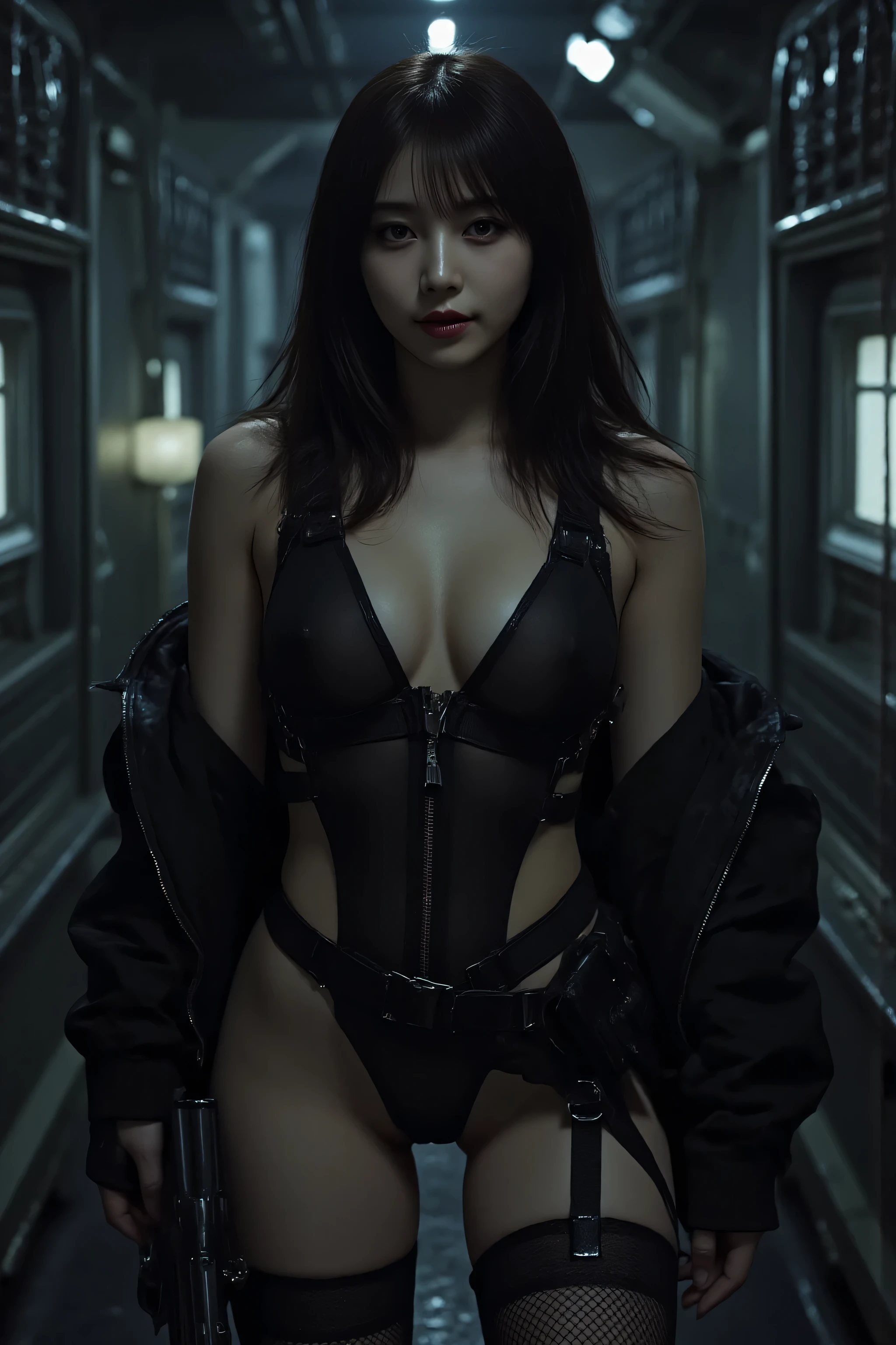 (((The pitch-dark interior of the Nostromo ship:2.0))),(((HR Gigger Style Cyberpunk Atmosphere:2.0))),one woman,(cute face:1.5),(Beautiful well-balanced face :1.7),((wavy black hair:2.0)),(beautiful eyes:1.3),Glamorous Shot of a 20-Year-Old Japanese Woman,Beautiful Slender Body,((model body type:2.0)),((slim body:1.7)),smooth lotion,Ideal Proportions,((big breasts:2.0)),((F cup chest:1.5)),big boobs,Bare thighs,sensual thighs,delicate body,(muscular:1.7),Harmonious Postures,((Realistic breast depiction :1.7)),((Carefully Depict Limbs Based on Perfect Anatomy:2.0)),((Black Special Forces Style Harness Super High Leg Leotard:2.0)),((super high leg leotard with wide open chest:2.0)),((((Black Military Jacket with Open Front:2.0))),((tactical holster:2.0)),(((Fishnet tights with garter belt:2.0))),(Gloves:1.3),Concept Art,(Highest Quality:1.5),(masterpiece:1.5),(超高Resolution),Resolution,UHD,(Delicate Depiction),carefully drawn,32k,((Realistic Skin Texture:1.5)),(((Ultra Realistic:1.5))),carefully drawn eyelashes,highly detailed face with upper body floating,highly detailed female hands,sexy appearance,very sensual,(Blurry, dim background:1.5),professional photography,(Movie Lights:2.0),((Blade Runner Style Lighting:2.0))