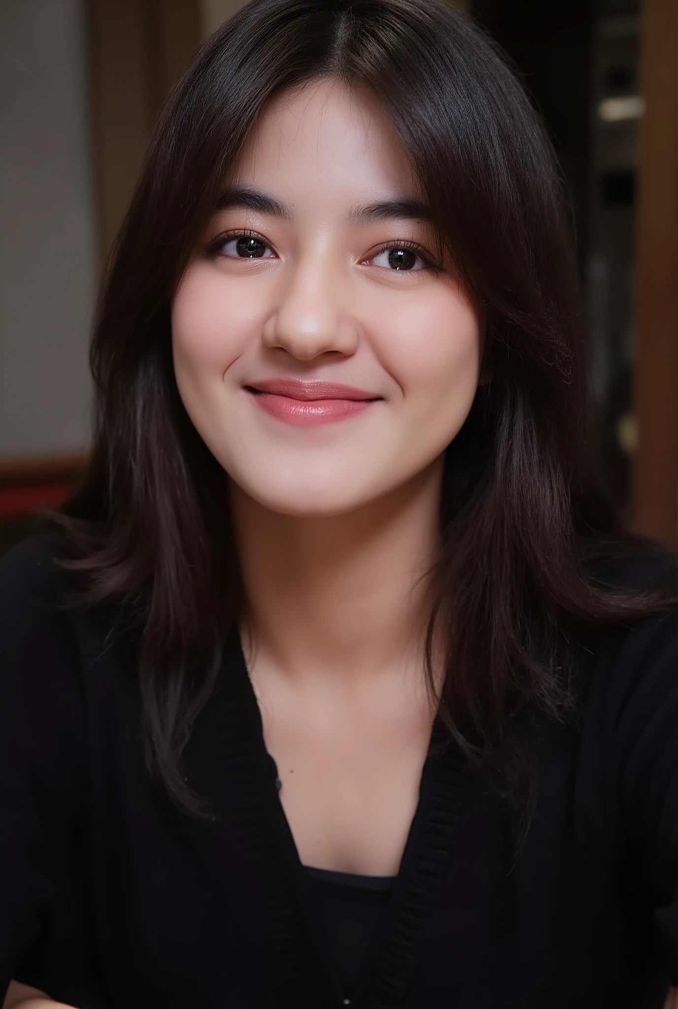 Close up photo of VonnyFelicia's face, very detailed. She is looking at the viewer with bright and loving eyes. She is leaning forwardal. She is wearing a perfect black soft shirt deep v-neck. Hasselblad H6D-400c MS, low exposure, high contrast, ISO 100, with a 120mm macro lens.