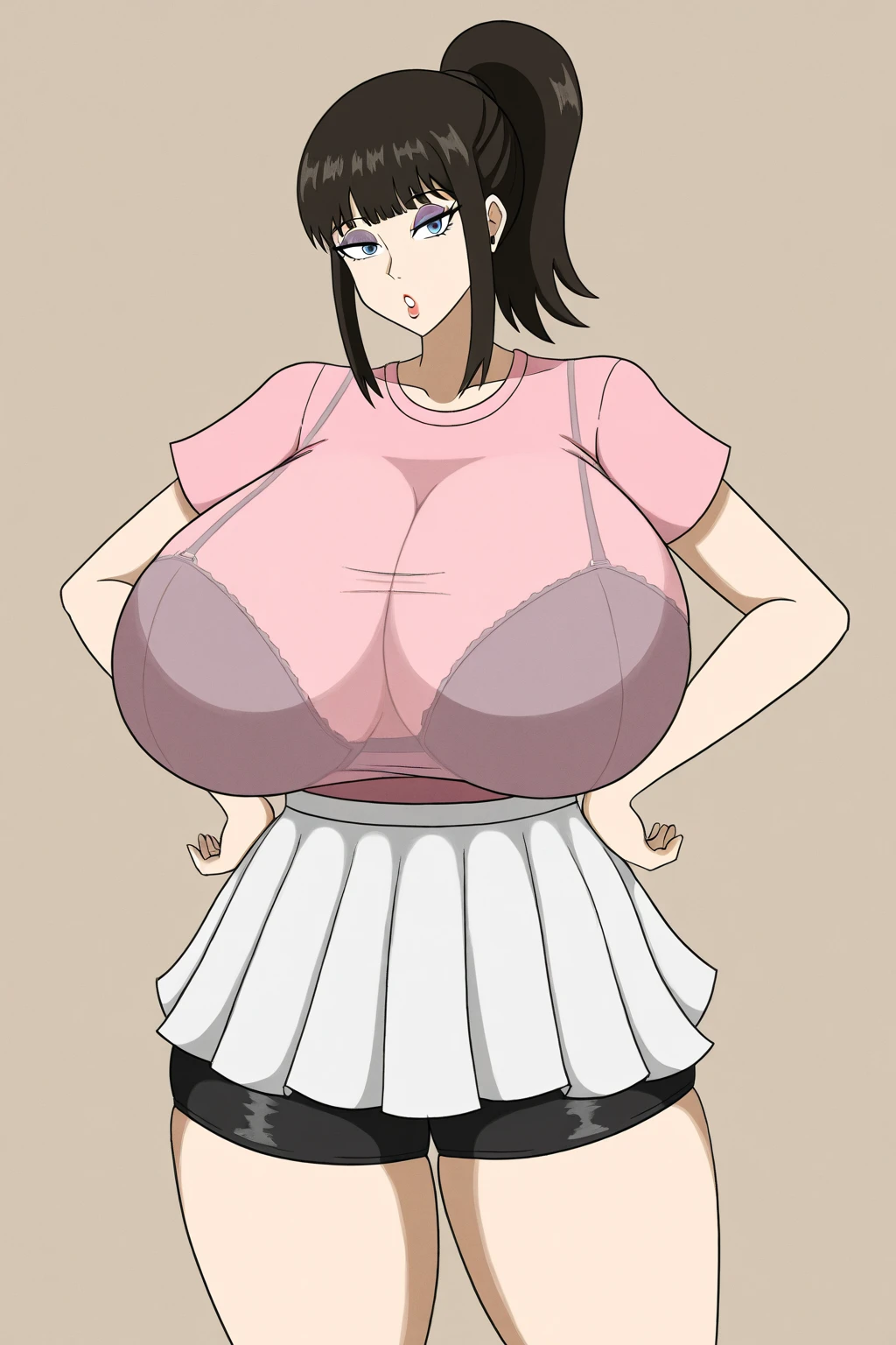 big lips, Brown hair, pink eyes, japanese face, improve, improve grin, two sides up, , Wide , , detailed, pink room, Hits, (evil smile1.4), kawaii, pleated skirt, punk, GOOD, Pink and black suit, plaid skirt, punk shirt, choker, punk skirt, punk shirt,navel piercing