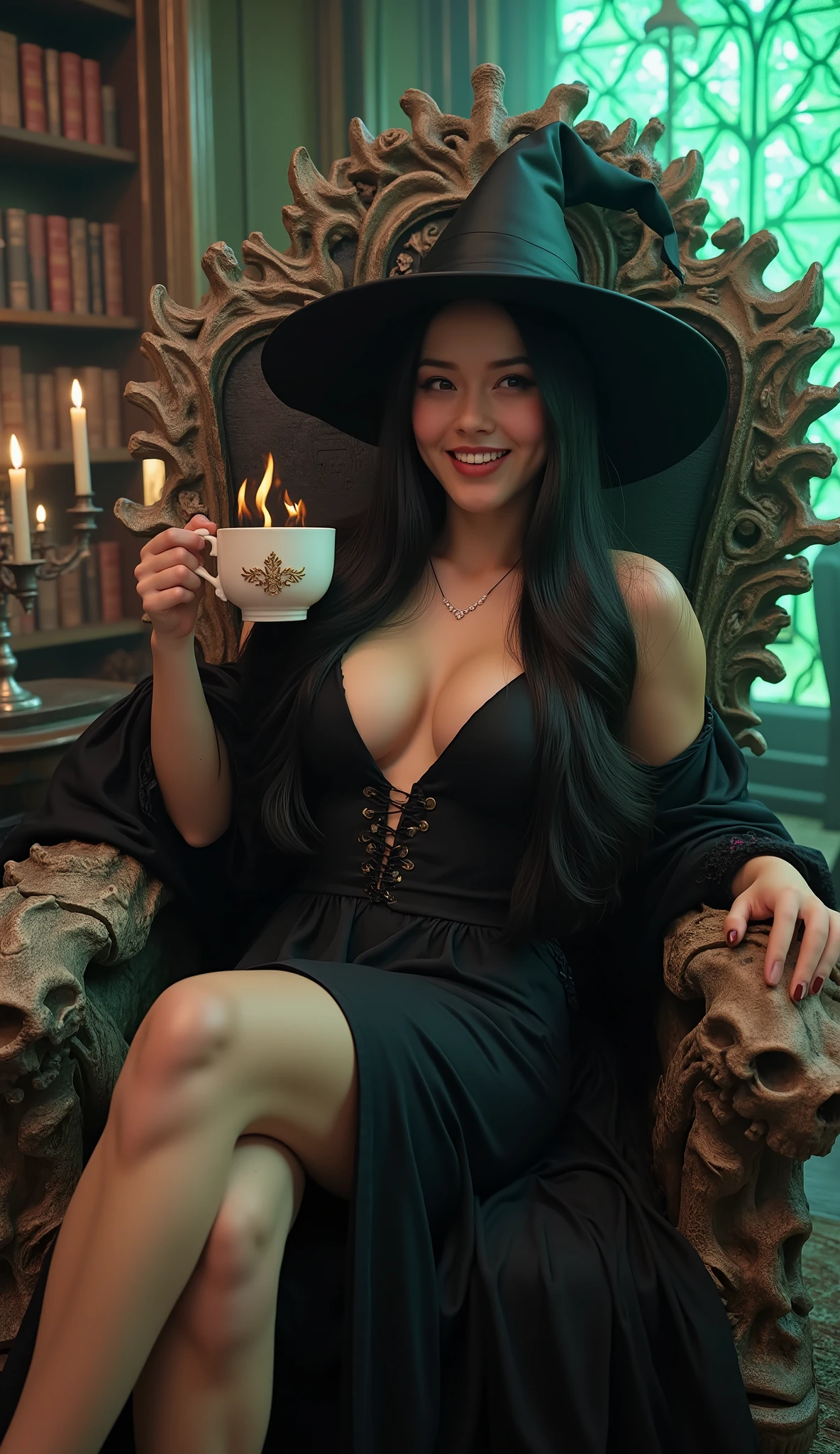 professional comic book cover, 8K, ultra detalhada, voluptuous sorceress with pale skin and long silky black hair, wearing revealing black dress with deep neckline and high side slits, large pointed witch hat with flowing ribbons, sitting elegantly on a macabre throne made of human skulls and bones entwined, delicately holding a smoldering fine porcelain teacup with gold details, drinking the dark liquid with an enigmatic smile, ritual room illuminated by green and purple candles, old witchcraft books on the shelves, dramatic contrasting lighting, estilo dark fantasy, hyperrealistic rendering with perfect textures, Cinematic composition, volumetric lighting.