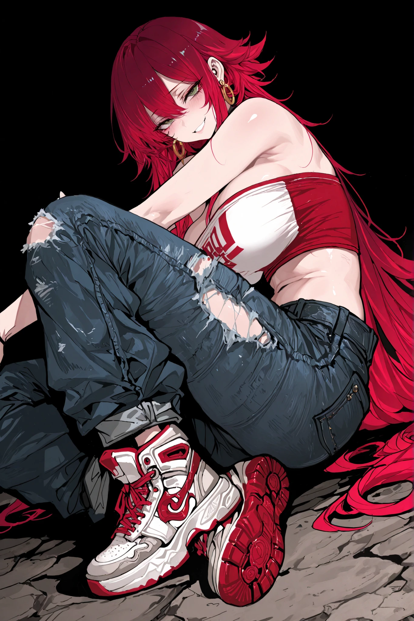 High-resolution, ultra-fine, highly detailed depiction of a stylized chibi character with exaggerated proportions in a vibrant, cartoonish art style. The character has voluminous, wild dark purple and magenta-red hair with dramatic volume and flow, with pink highlights throughout.. Light skin tone with a confident, smirking expression. Orange/gold earrings visible. Dark green cropped tube top or bandeau exposing the midriff. Light blue baggy jeans pants with multiple rips, distressed details, and rips at the knees, White chunky sneakers with pink/red accents and soles. The art style features bold, thick outlines with vibrant color blocking, dramatic shading in purples and magentas, and a playful, energetic aesthetic with shortened, inspired by illustration styles from dishwasher1910, Siu, fishine, jipa42760710, and anip41nt, slim figure, large bust, curvy figure,