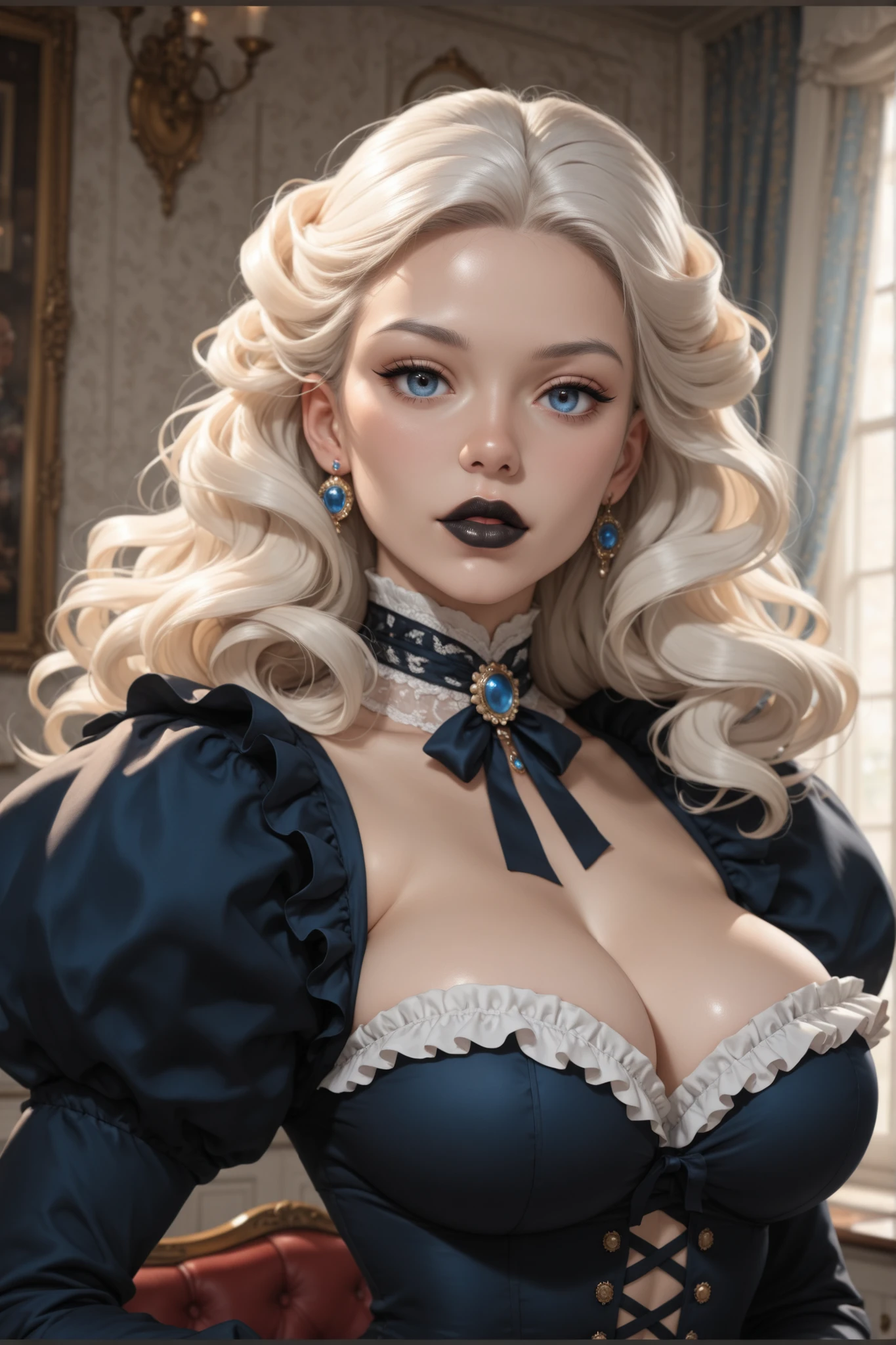 perfect face, (victorian), feminine, navel, (((large breasts))), looking at viewer, white hair, long smooth hair, slicked back hair, forehead, white thin eyebrows, blue eyes, nose, lips, thick lips, black lips