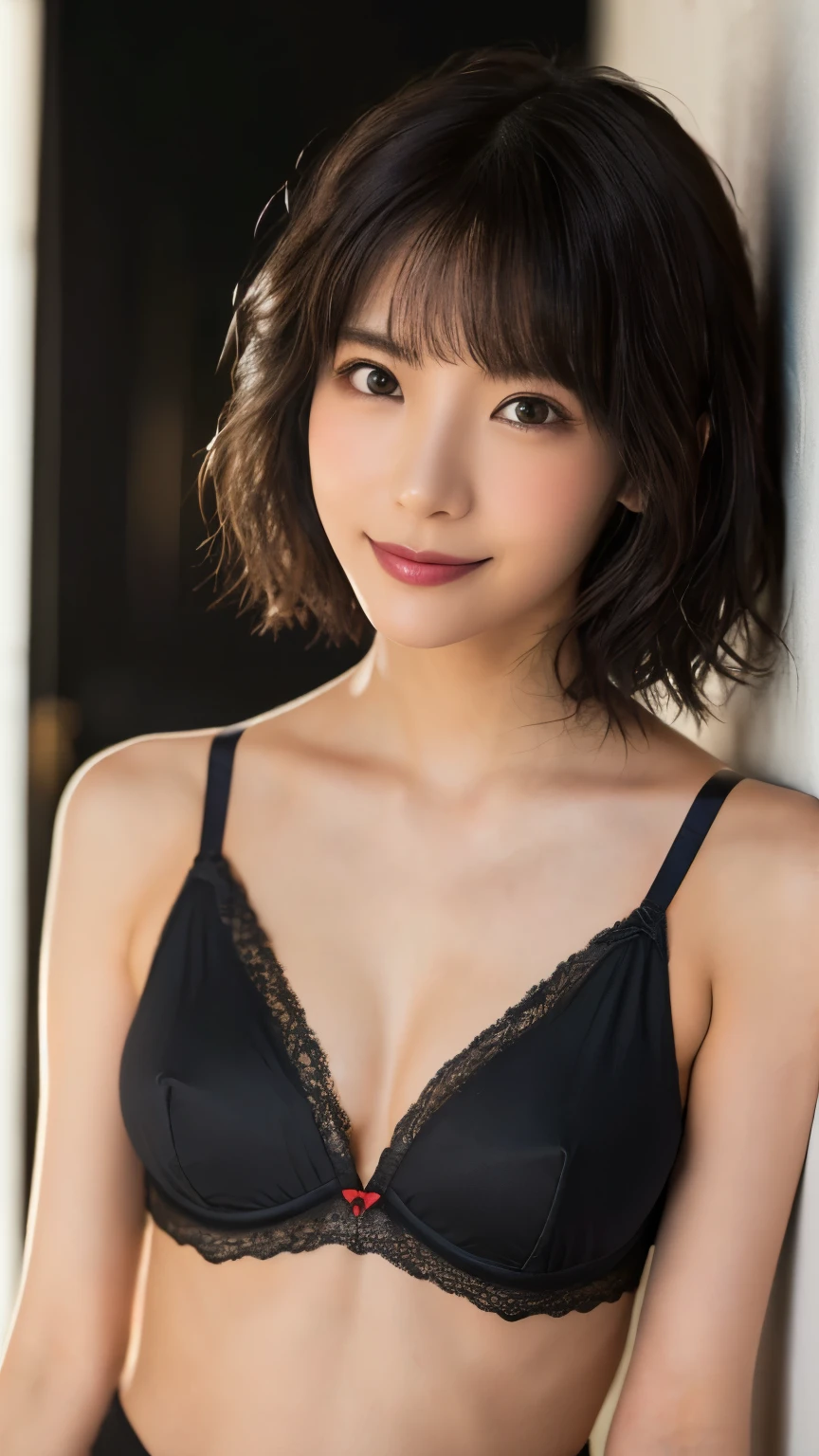   very detailed,  masterpiece ,  Highest Quality, (( realistic)) 、((Slim 30 year old Japanese woman)) 、beautiful detailed eyes 、((makeup))、((beautiful symmetrical face)), ( skinny body:1.6)、((bright brown hair、Big Wave Short Hair)), A sophisticated face 、((from waist to head with camera))、((white lace bra))、((simple black wall))、((Smile))、From the side