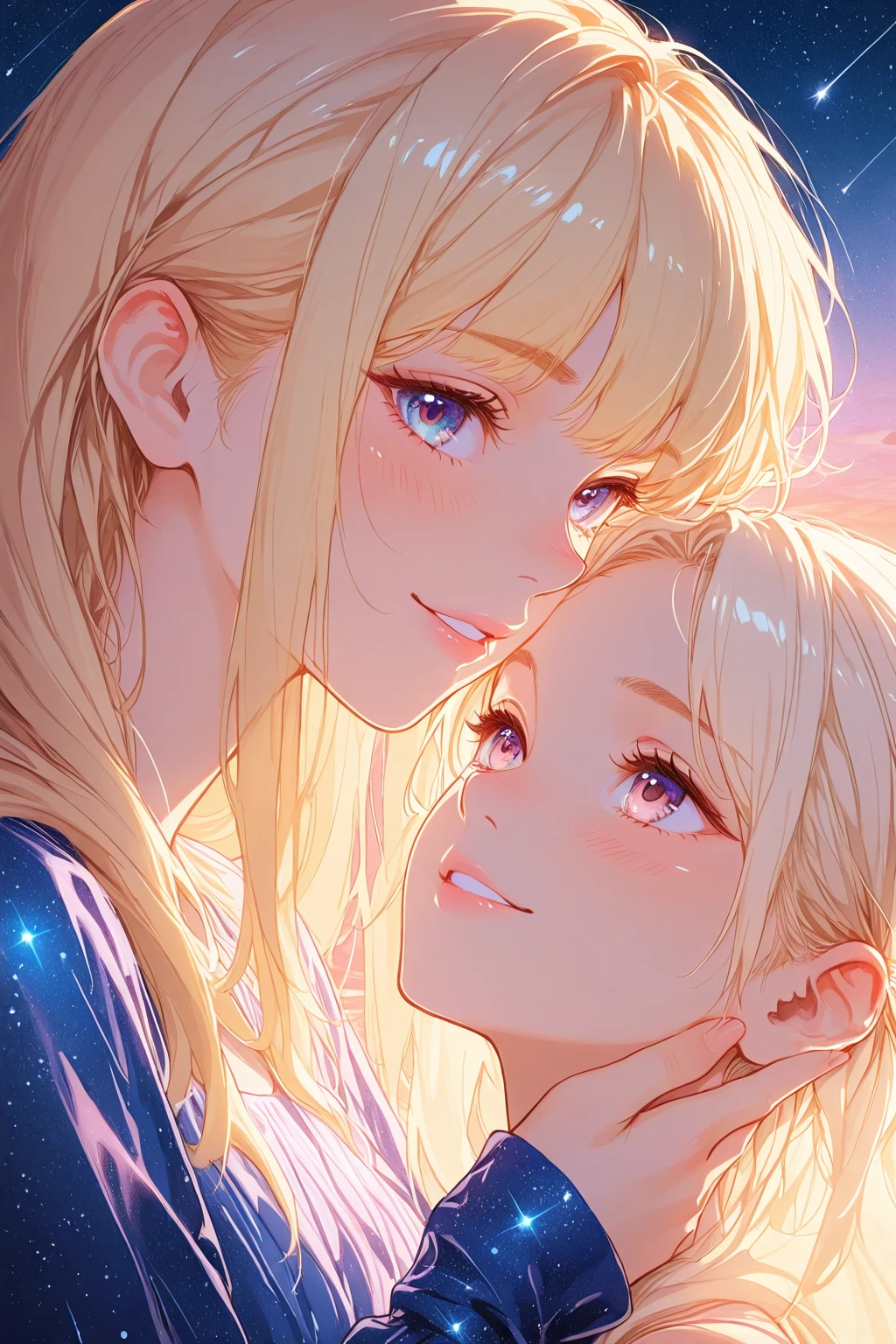 ((highest quality)), ((masterpiece)), (detailed), Perfect Face、profile、One Girl、Brown Hair、Long Hair、White dress、Looking up at the night sky、shooting star、Cami dress、tears、Bangs、Blue Eyes、Light in the eyes、Close your mouth、girl,blunt bangs