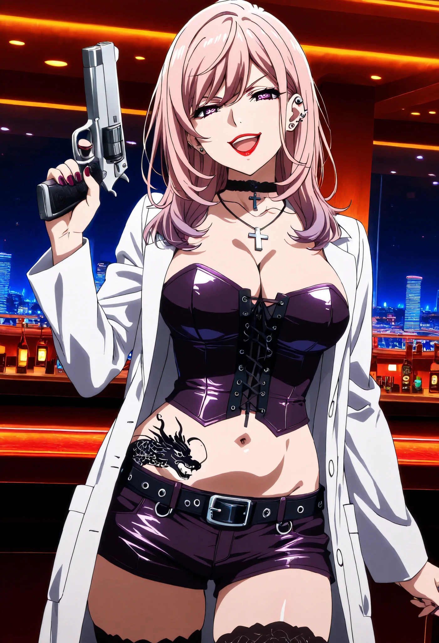 Akudama Drive(doctor)slender、nail polish, ear piercing, long hair, , lipstick, Hot girl, baddie,, sensual, attractive ,choker , cross necklace, thighhighs, shorts, belt, labcoat, cleavage, jewelry, necklace, nail polish, corset,bar background, inside bar, indoors, cityscape, casino, nightclub, city lights,, ,belly,,holding pistol,cleavage smile, open mouth, (nsfw) not safe for work, evil expression, belly, exposed navel, exposed midriff, exposed lower belly, navel, medium large Breasts, dragon tattoo on waist, narrowed eyes, tattoo on waist,, anipai_style , anime screencap , anime coloring,,v-shape eyebrows,,