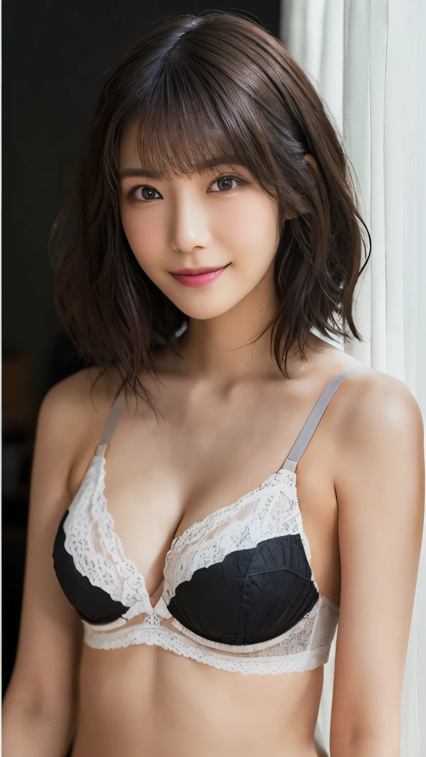   very detailed,  masterpiece ,  Highest Quality, (( realistic)) 、((slim 30 year old Japanese woman)) 、beautiful detailed eyes 、((makeup))、((beautiful symmetrical face)), ( skinny body:1.6)、((bright brown hair、Big Wave Short Hair)), A sophisticated face 、cleavage、((from waist to head with camera))、((white lace small bra))、((simple black wall))、((Smile))、From the side