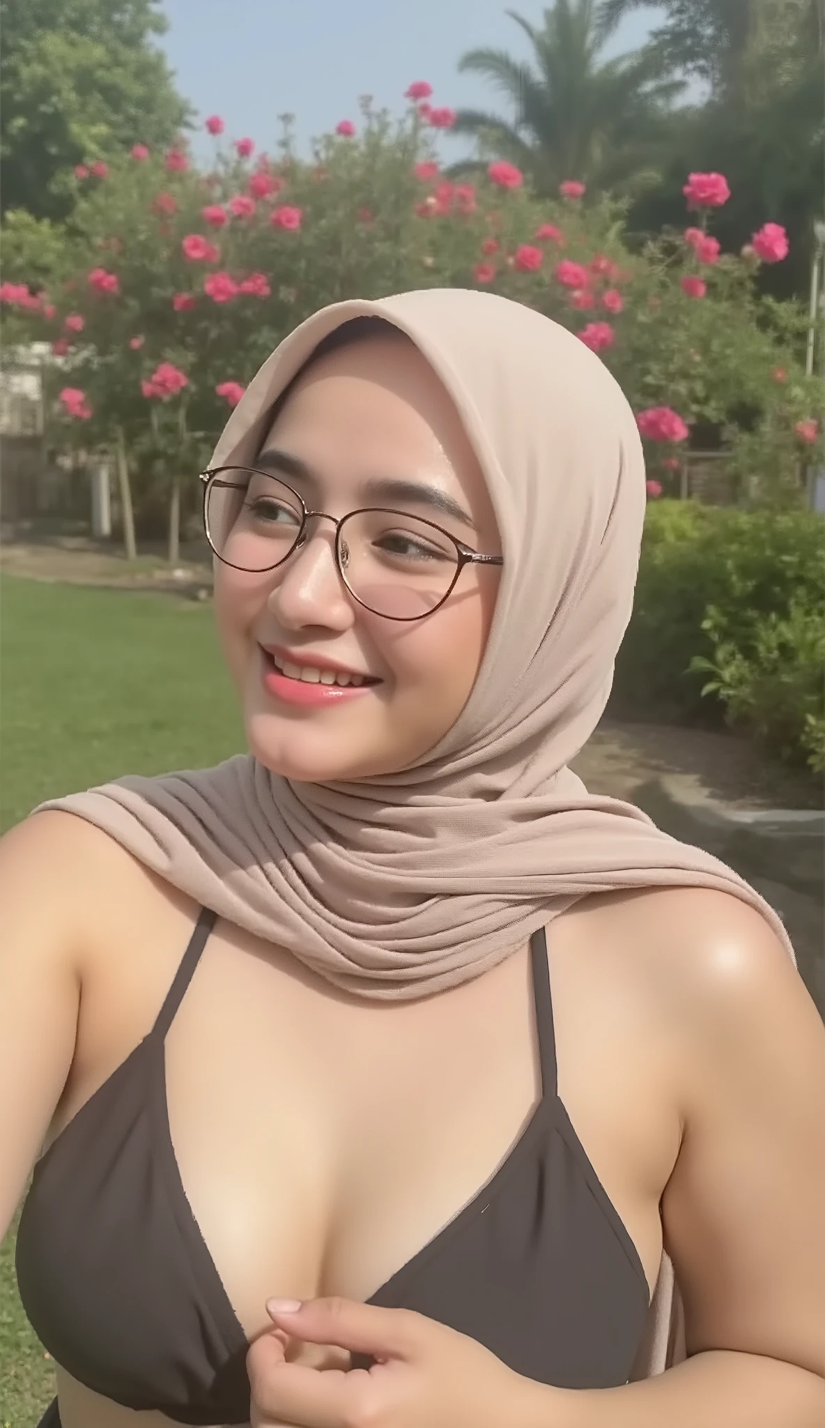 girl in hijab, show bra, (medium ), smiling, laughing, lips, holding phone, taking perfect selfie, detailed facial features, cute expression, bright lighting, beautiful scenery, outdoor garden, lush greenery, colorful flowers, soft focus, high quality, 8k, photorealistic, masterpiece, cinematic, hyper-detailed, vivid colors, warm tones, professional photography