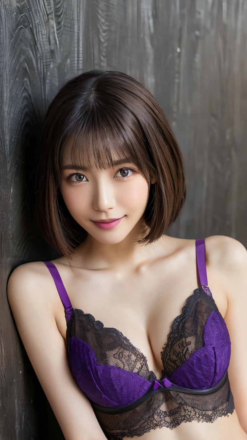   very detailed,  masterpiece ,  Highest Quality, (( realistic)) 、((slim 30 year old Japanese woman)) 、beautiful detailed eyes 、((makeup))、((beautiful symmetrical face)), ( skinny body:1.6)、((bright brown hair、 Straight short hair)), A sophisticated face 、((from waist to head with camera))、((Purple-black lace bra))、((simple black wall))、((Smile))、