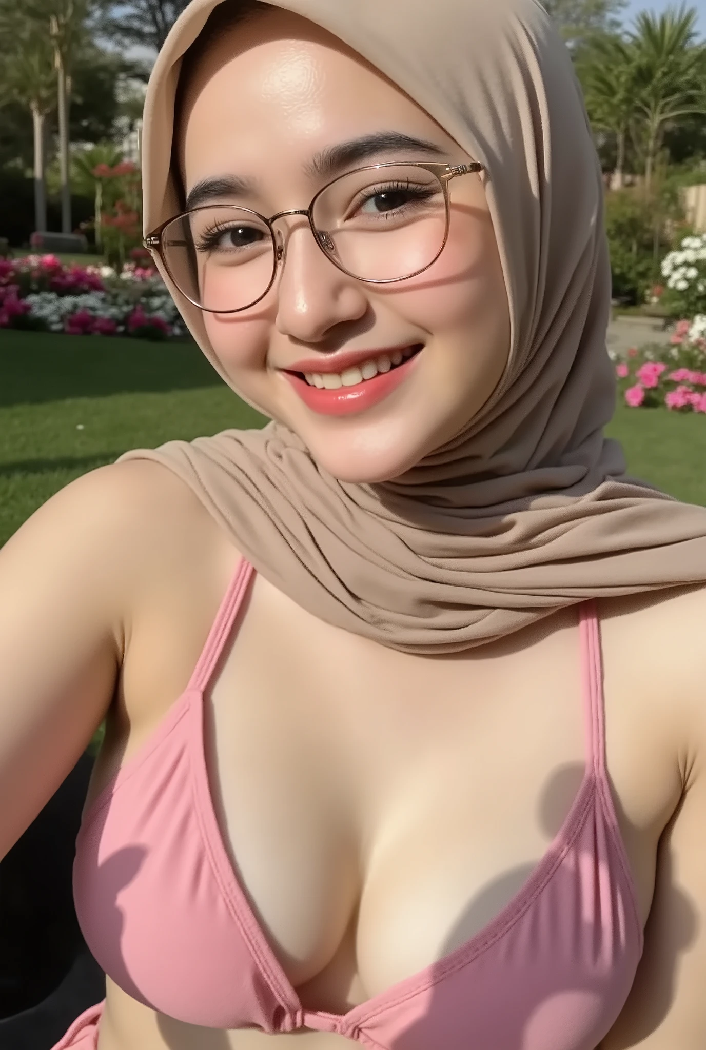 girl in hijab, show bra, (medium ), smiling, laughing, lips, holding phone, taking perfect selfie, detailed facial features, cute expression, bright lighting, beautiful scenery, outdoor garden, lush greenery, colorful flowers, soft focus, high quality, 8k, photorealistic, masterpiece, cinematic, hyper-detailed, vivid colors, warm tones, professional photography