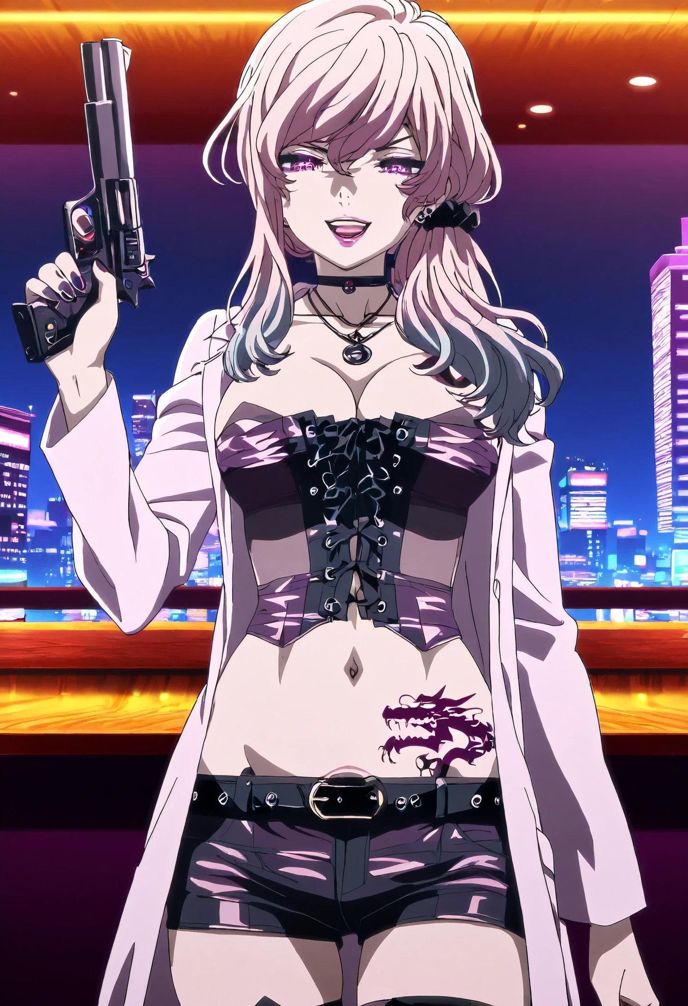 Akudama Drive(doctor)slender、nail polish, ear piercing, long hair, , lipstick, Hot girl, baddie,, sensual, attractive ,choker , cross necklace, thighhighs, shorts, belt, labcoat, cleavage, jewelry, necklace, nail polish, corset,bar background, inside bar, indoors, cityscape, casino, nightclub, city lights,, ,belly,,holding pistol,cleavage smile, open mouth, (nsfw) not safe for work, evil expression, belly, exposed navel, exposed midriff, exposed lower belly, open mouth, navel , medium large Breasts, dragon tattoo on waist, narrowed eyes, tattoo on waist,, anipai_style , anime screencap , anime coloring,,v-shape eyebrows,,