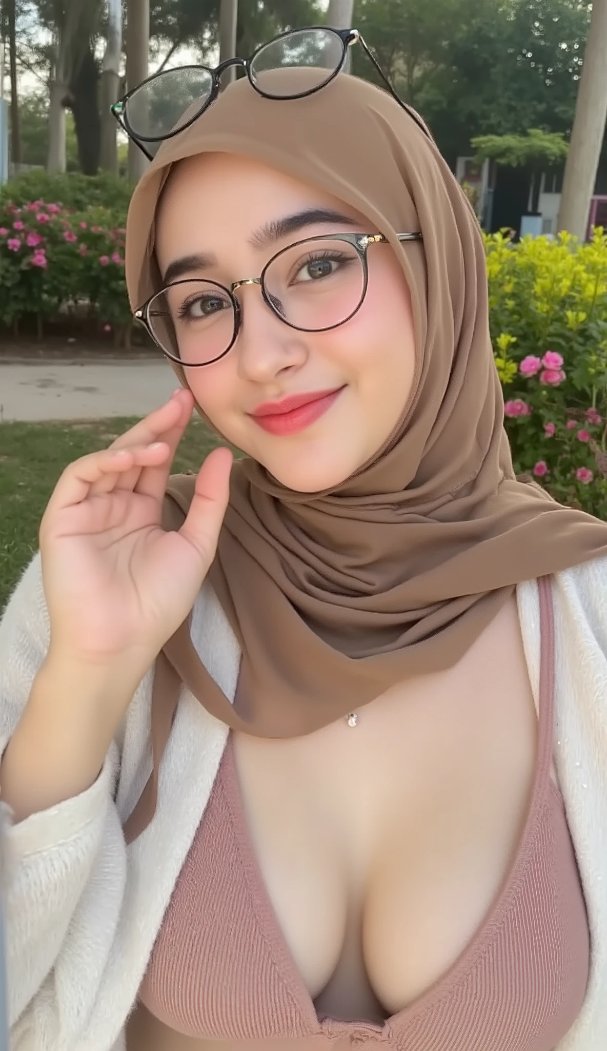 girl in hijab, show bra, (medium ), smiling, laughing, lips, holding phone, taking perfect selfie, detailed facial features, cute expression, bright lighting, beautiful scenery, outdoor garden, lush greenery, colorful flowers, soft focus, high quality, 8k, photorealistic, masterpiece, cinematic, hyper-detailed, vivid colors, warm tones, professional photography