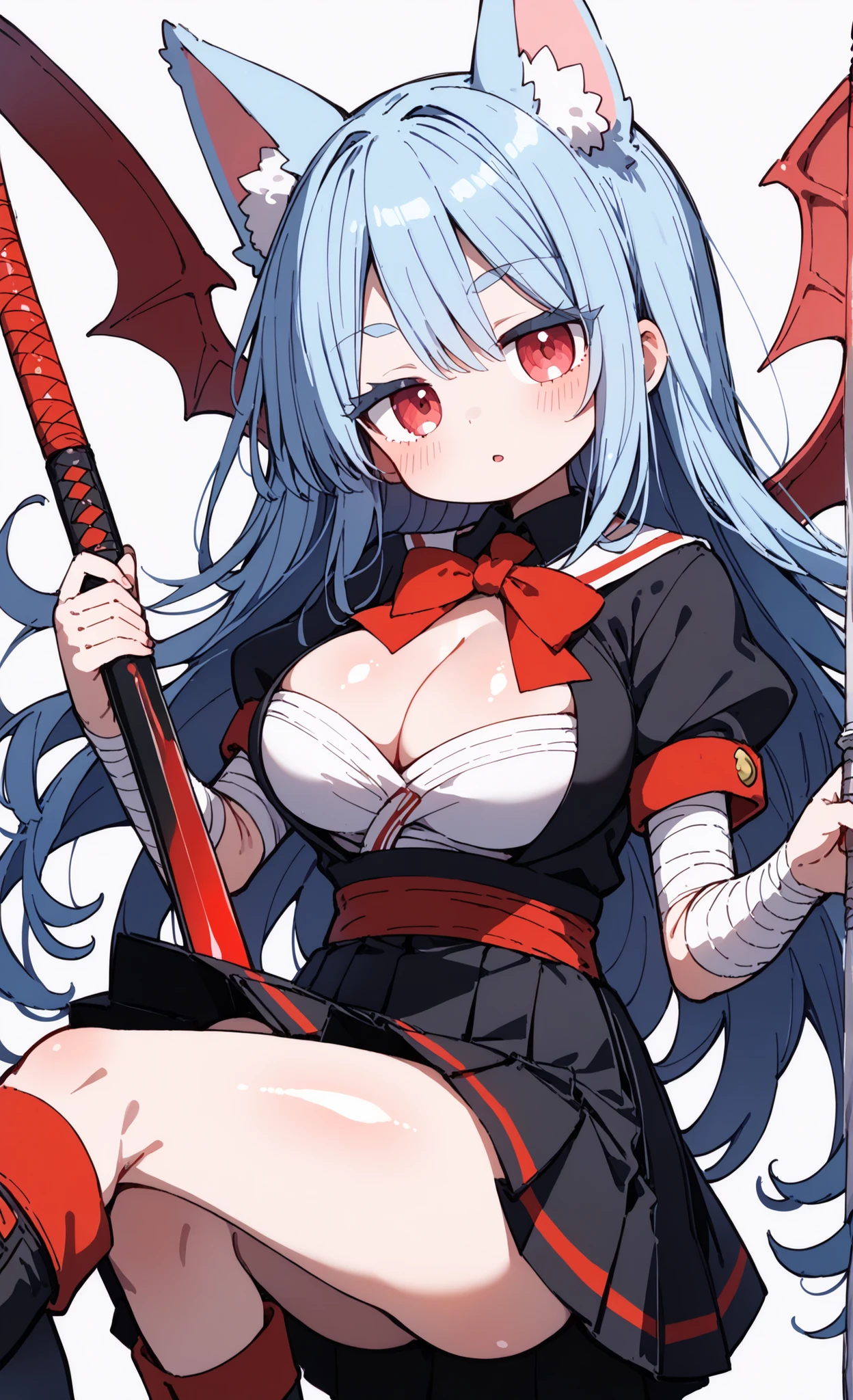 nsfw, High Quality, masterpiece, 最High Quality, 3/4 viewers,  Fox_ear, red_eye, (highly detailed eye:1.3), ( Sharp irises :1.2), (Clear Lashes:1.2), (Eye highlights:1.2), glossy eye, (red sharp eye:1.3), 一つのeyeは宝石になっている，redい口紅，white磁のような肌, (smooth skin on r roads:1.1), (shiny skin:1.3), Fresh Skin, Subtle sheen, smooth skin on r roads texture, long_black_My hair, Brandt _Bang, (((very large breasts，cleavage)))，white_sarashi_Top, japanese_maha's rya_Clothes, black_pleated_Micro Mini_skirt, Bandaged_arm, black_buttocks under pants, Bandaged_foot, black_Panty Stockings, black_boots_footwear, Fighting Posture with a Horizontal Sword, Monster Forest Vacant Land, Demon Carcasses Disappearing, spirit Fox companions, Blood Moon Above Your Head, HDA_ChibiStyleXL，super deformed，sd  character， chibi， chibiキャラ，