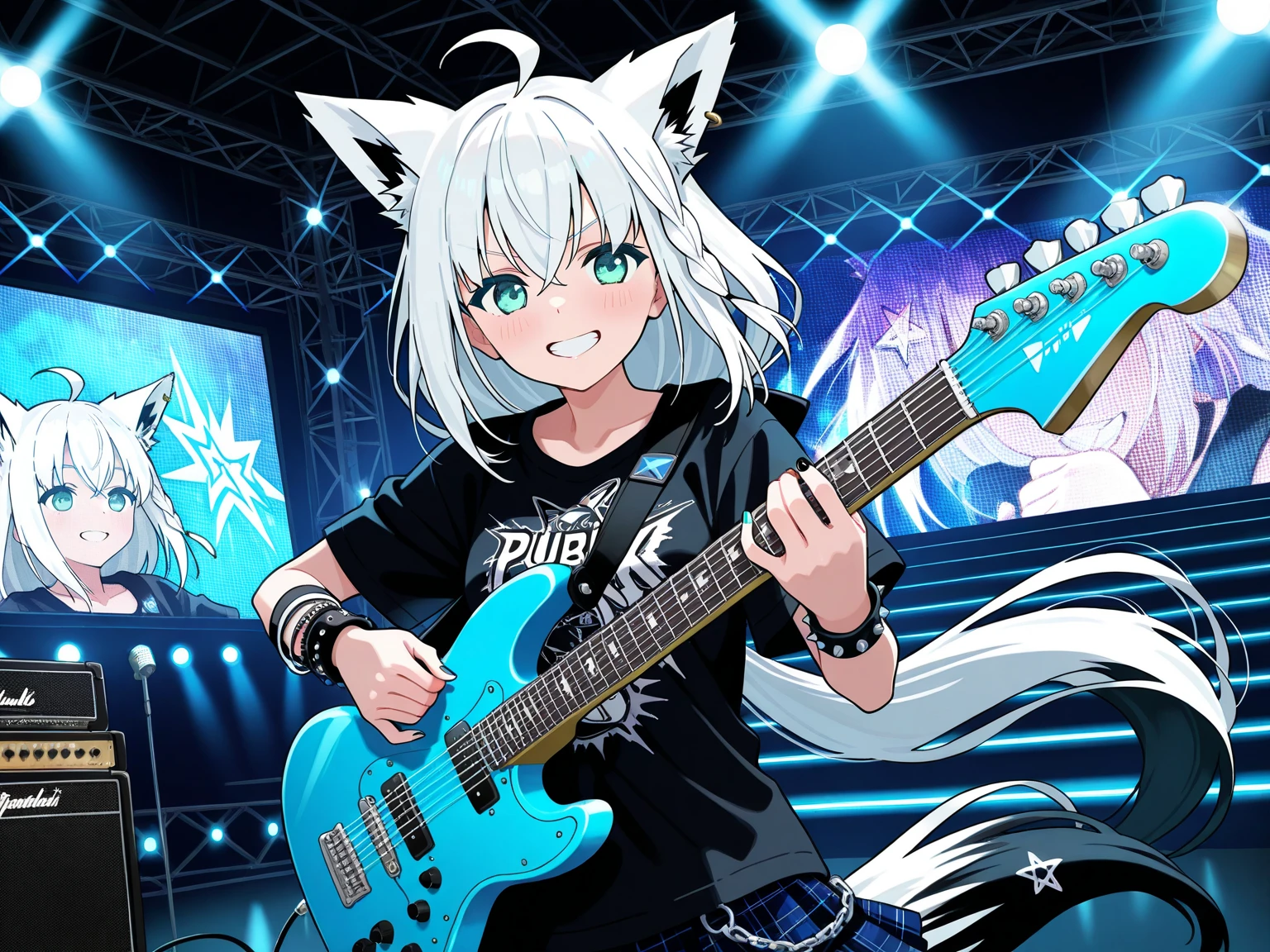 Create digital artworks in the pop art style、Anime Style、pretty girl、Droopy eyes:1.3、Grin、Santa Claus Hunting Girl、Siberian husky and girl、Siberian husky next to a girl、Street fashion、Punk Style、Income、(((Have a metal bat、Metal bat with nails)))、Thin ink lines、The pen strokes are very delicate and dynamic.、Upper Body、Distinctive boots