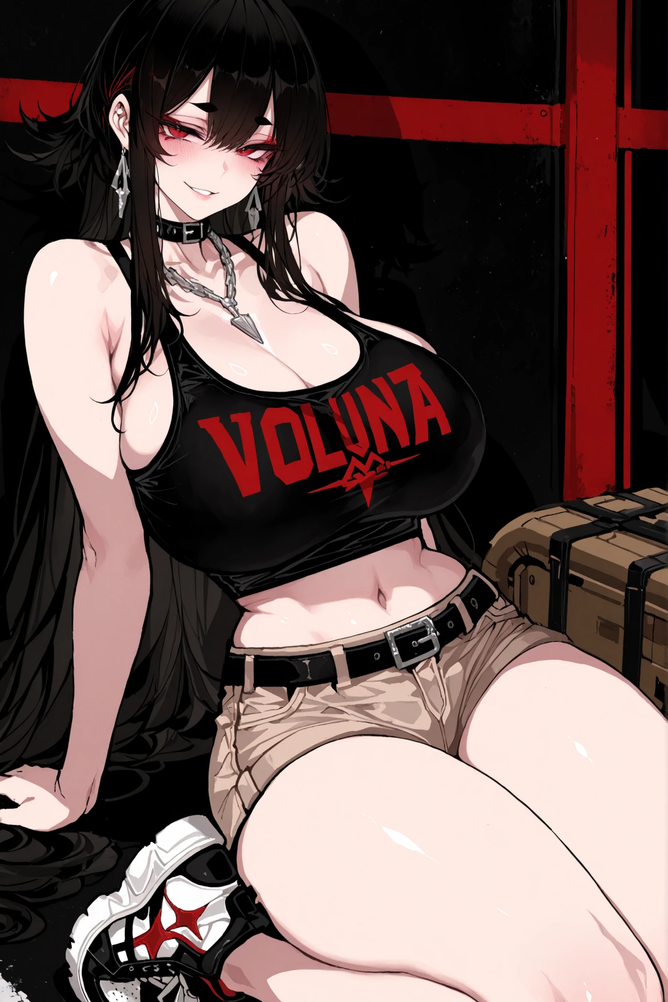 High-resolution, ultra-fine, highly detailed depiction of a tall, curvy young woman with a slim waist, wide hips, thick thighs, and very large bust. She has long, voluminous black hair flowing down past her shoulders with a spiky, textured style. Light skin tone with a confident, mischievous smirk. Bold eyebrows and a determined expression. She wears a black sleeveless tank top, form-fitting and cropped to expose her midriff. A silver/white chain necklace hangs around her neck. A black belt with a rectangular buckle sits at her waist. Brown/tan cargo shorts with multiple pockets and orange/red chevron or zigzag designs down the sides. Black and white sneakers with thick soles. The art style features bold, thick black outlines with flat color blocking, creating a stylized, cartoonish urban aesthetic, inspired by illustration styles from dishwasher1910, Siu, fishine, jipa42760710, and anip41nt.
(young woman:2.5), (adult:2.5), (tall, 1girl, solo, curvy figure, slim waist, wide hips, thick thighs, very large bust, voluptuous)