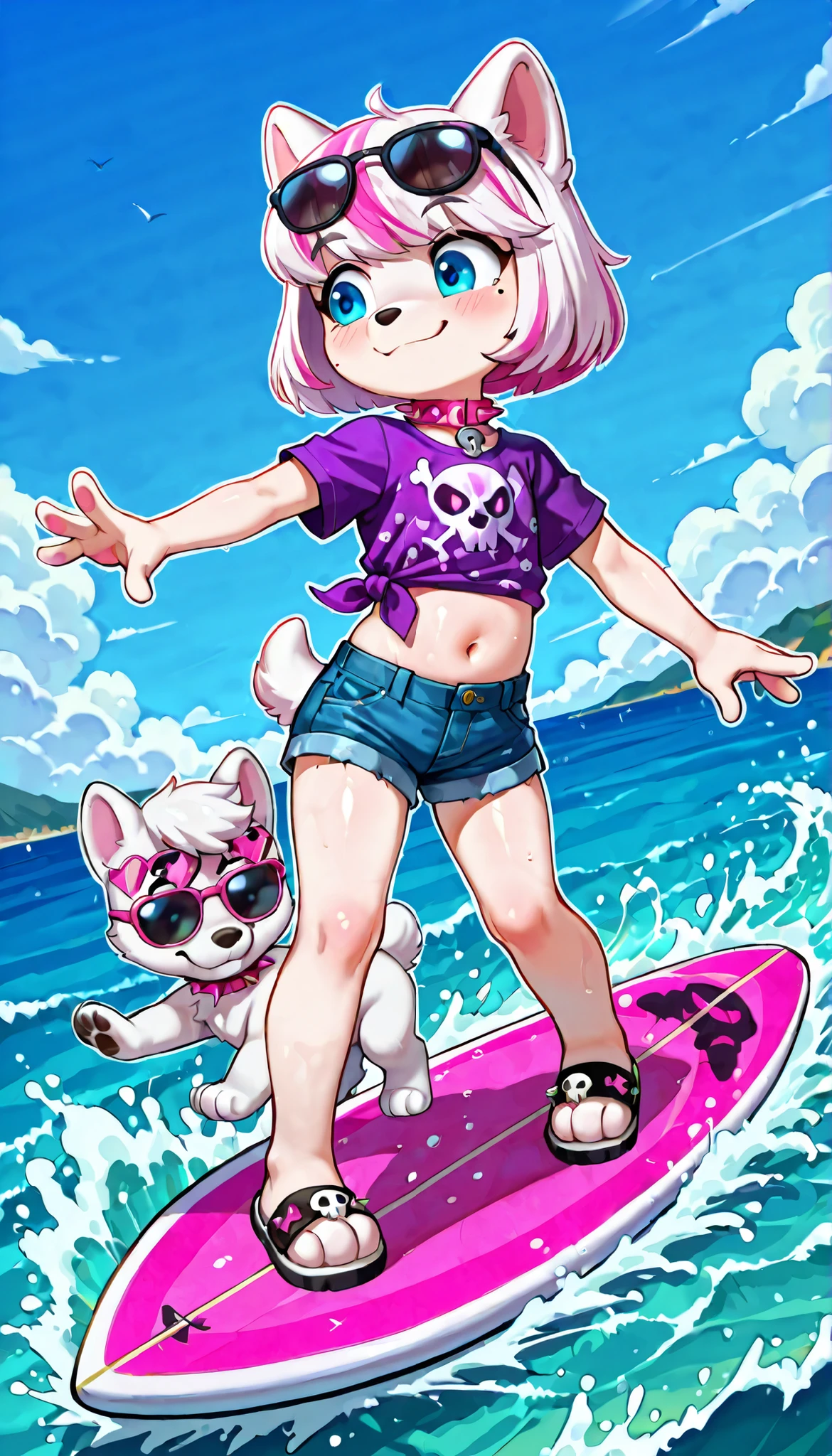 score_9, score_8_up, score_8, source_cartoon, source_furry, 1girl, solo, alone, 1 character, Roxi(PP), (solo), 1girl, anthro, lolicon, dog girl, samoyed, white fur, pink and white hair, bangs, bob cut, short tail, blue eyes, mole on left cheek, cute face, 4 fingers, standing, ((sunglasses on forehead, pink spiked collar, purple tied shirt, short sleeves, skull print, midriff, denim shorts, sandals)), full body, feets with three toes, confident face, short body, short stature, glistering body, shiny body, (Small, Short:1.1), (young cub:1.2), looking at you, 2D animation, thick outline, anime style, surfing, anime style, thick outline, surfing, standing on a surfboard, outside, The beautiful blue sea, waves, sky, dutch angle,