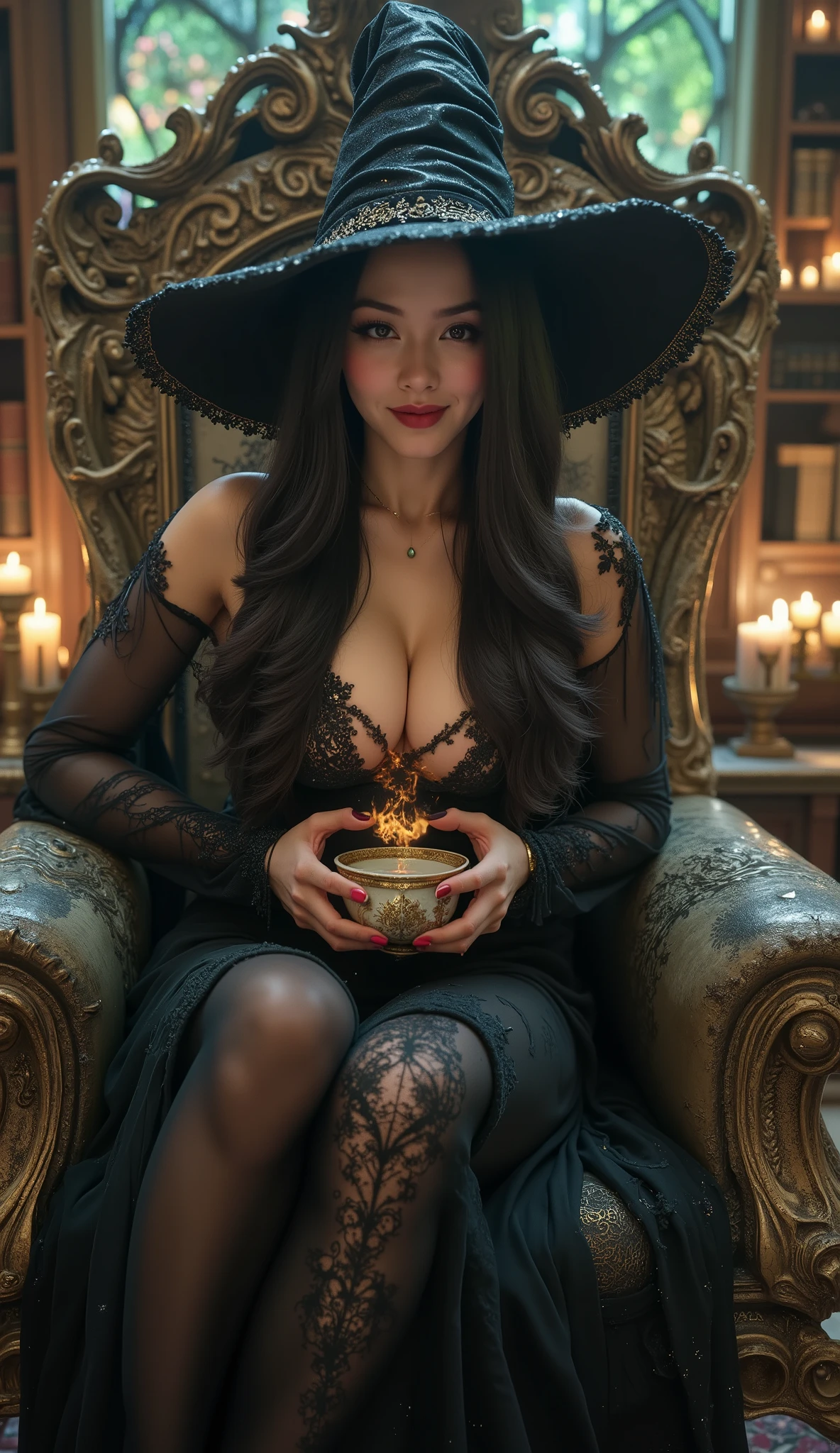 professional comic book cover, 8K, ultra detalhada, voluptuous sorceress with pale skin and long silky black hair, wearing revealing black dress with deep neckline and high side slits, large pointed witch hat with flowing ribbons, sitting elegantly on a macabre throne made of human skulls and bones entwined, delicately holding a smoldering fine porcelain teacup with gold details, drinking the dark liquid with an enigmatic smile, ritual room illuminated by green and purple candles, old witchcraft books on the shelves, dramatic contrasting lighting, estilo dark fantasy, hyperrealistic rendering with perfect textures, Cinematic composition, volumetric lighting.