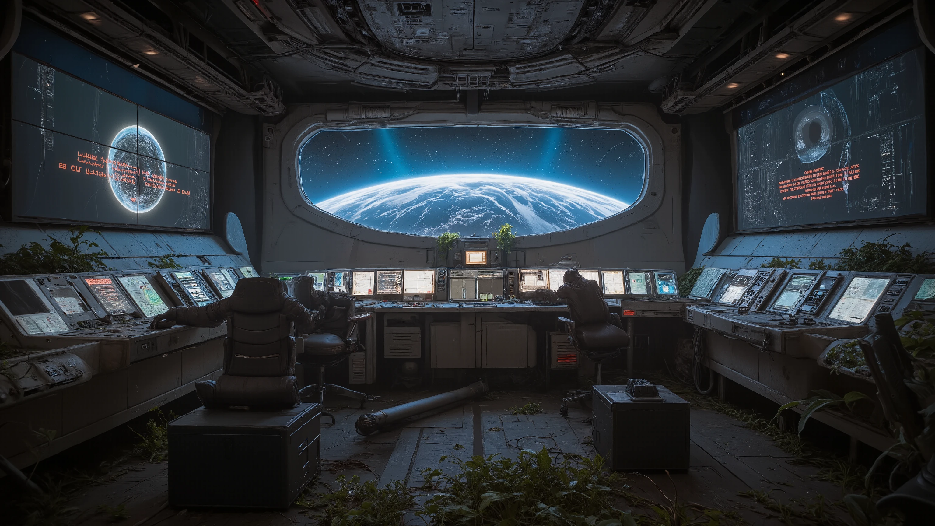 Interior of an abandoned space station command center with Earth visible through a panoramic viewport, emergency power casting eerie blue light across dead control panels. Holographic displays flicker with distorted warning messages, chairs overturned, personal logs still recording final moments. Vegetation growing from hydroponic systems has begun reclaiming the space. Cinematic Dutch angle composition, photorealistic rendering with incredible detail, ray-traced lighting, atmospheric perspective, film grain, award-winning cinematography style.