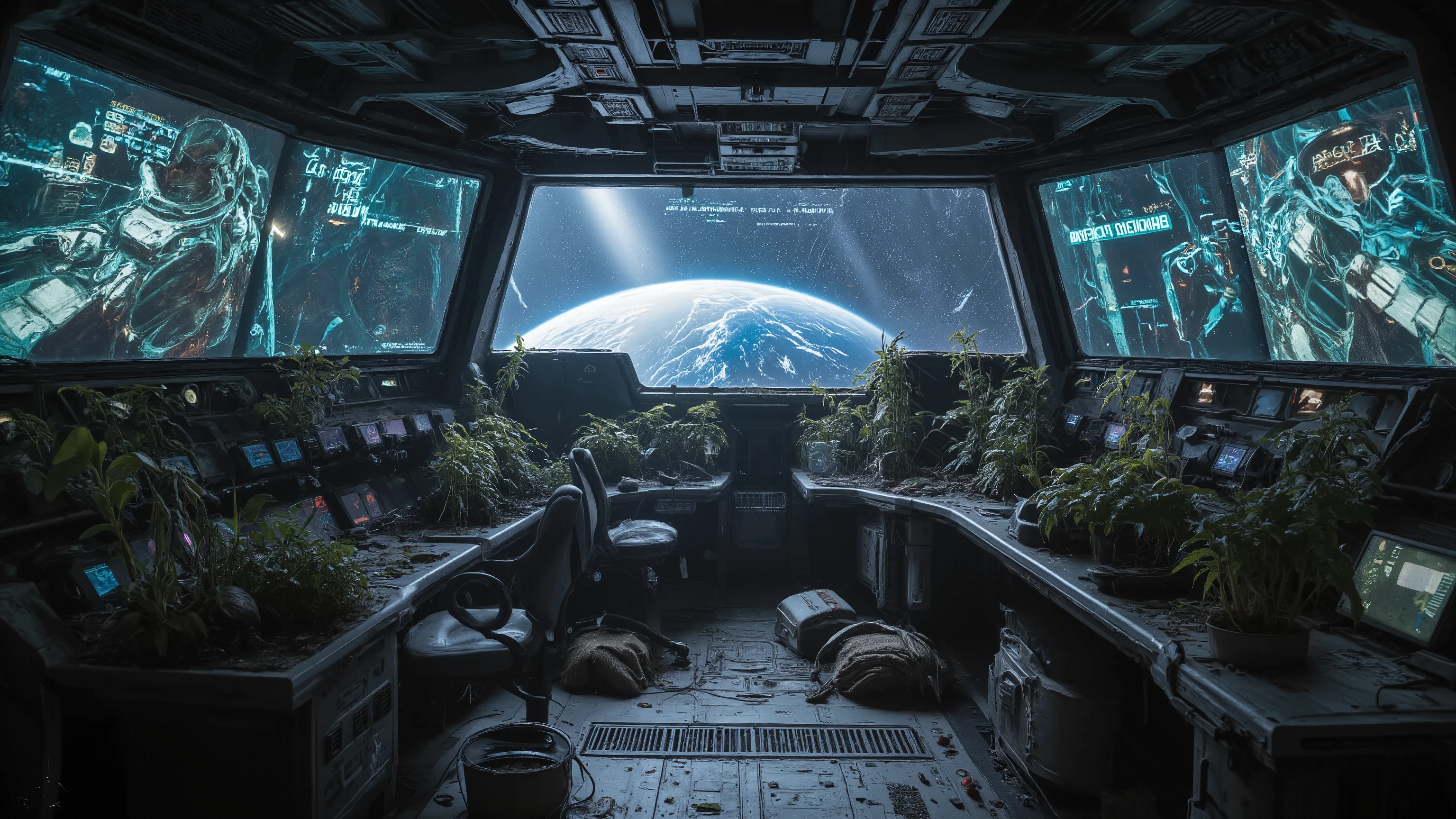 Interior of an abandoned space station command center with Earth visible through a panoramic viewport, emergency power casting eerie blue light across dead control panels. Holographic displays flicker with distorted warning messages, chairs overturned, personal logs still recording final moments. Vegetation growing from hydroponic systems has begun reclaiming the space. Cinematic Dutch angle composition, photorealistic rendering with incredible detail, ray-traced lighting, atmospheric perspective, film grain, award-winning cinematography style.